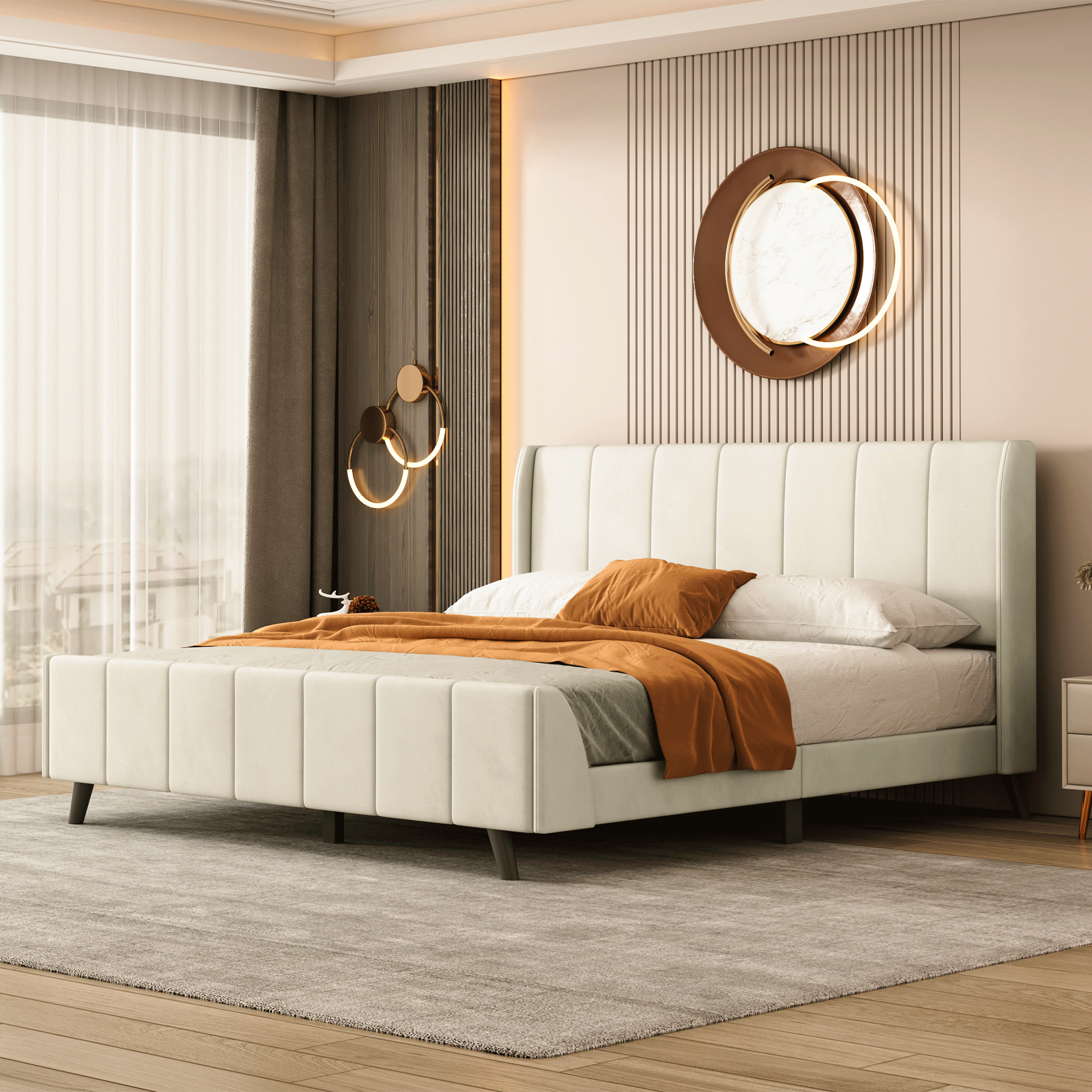 Queen Size Upholstered Platform Bed, Velvet, Beige