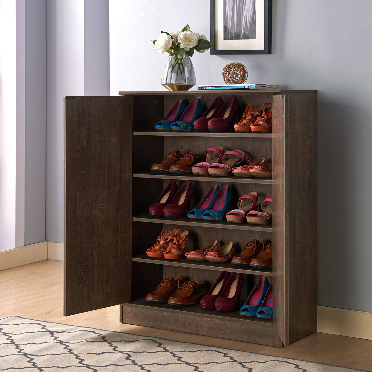 Shoe/Storage Cabinet with Two Doors Five Shelves - Dark Brown