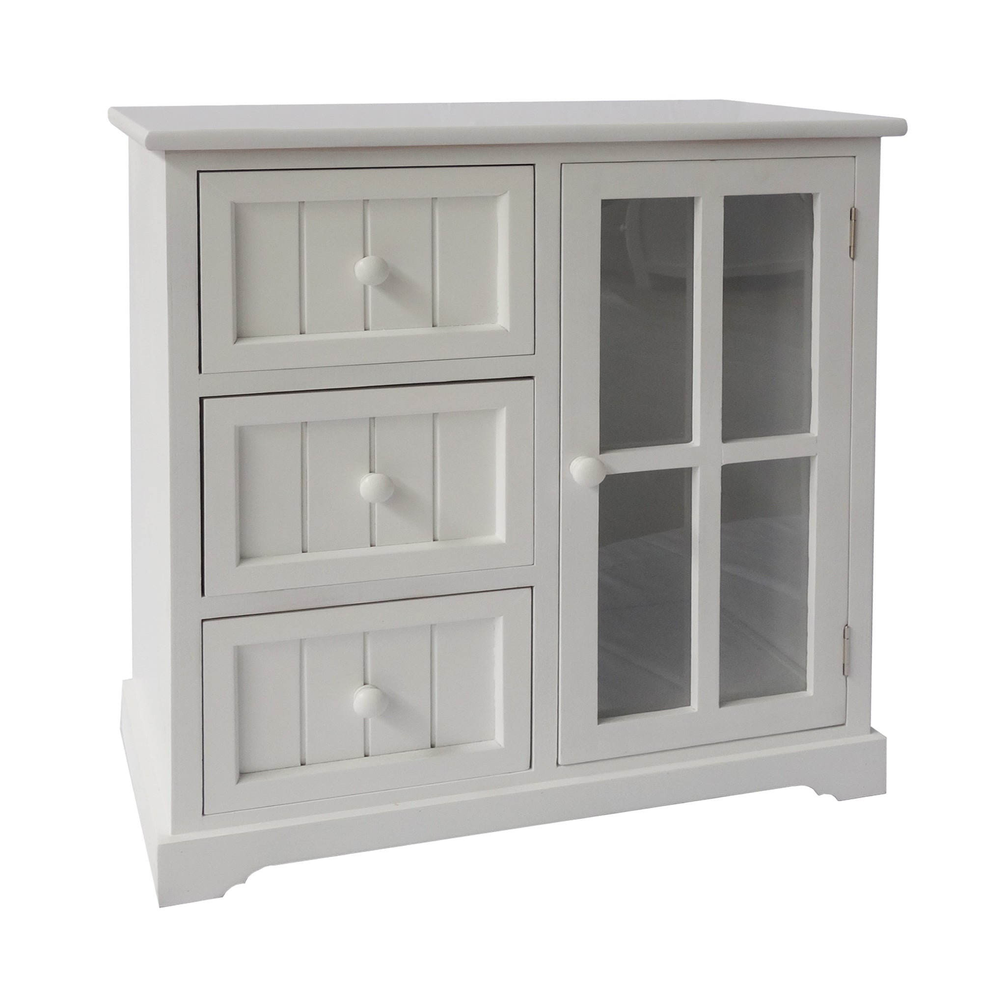 24 Inch Paulownia Wood Accent Cabinet, 3 Drawers, 1 Glass Door, White