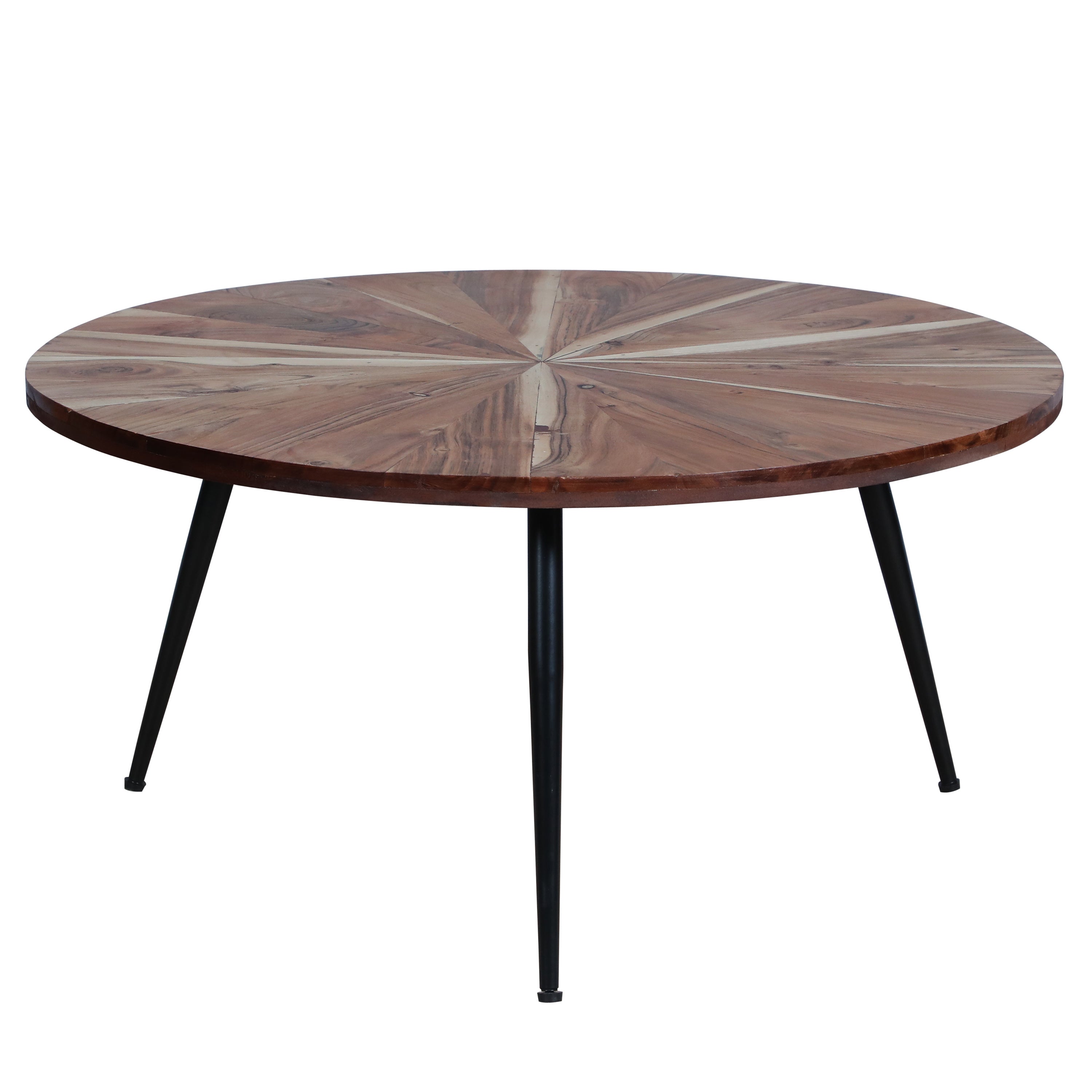 31 Inch Round Mango Wood Coffee Table, Sunburst Design, Tapered Iron Legs, Brown, Black