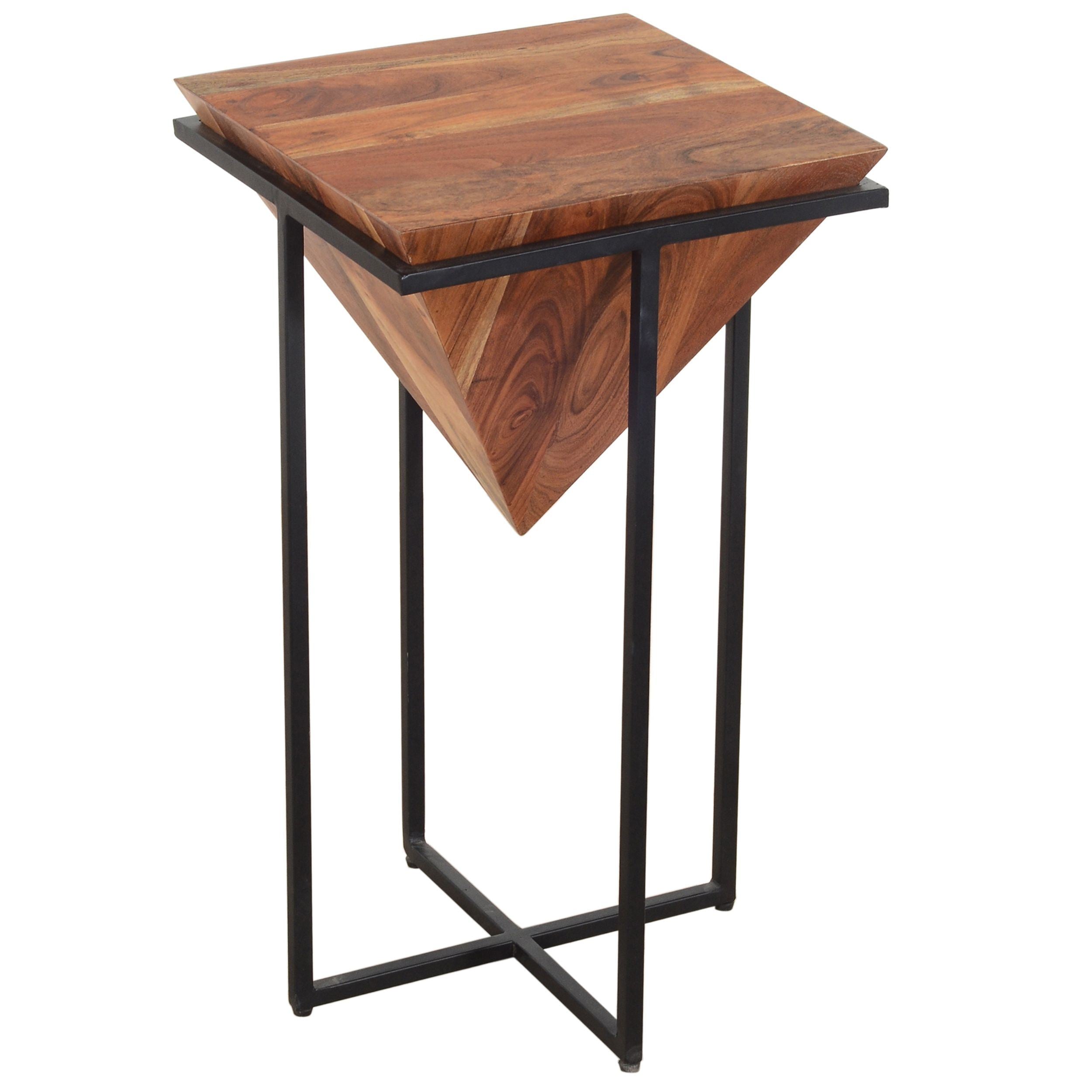 26 Inch Pyramid Shape Wooden Side Table With Cross Metal Base, Brown and Black