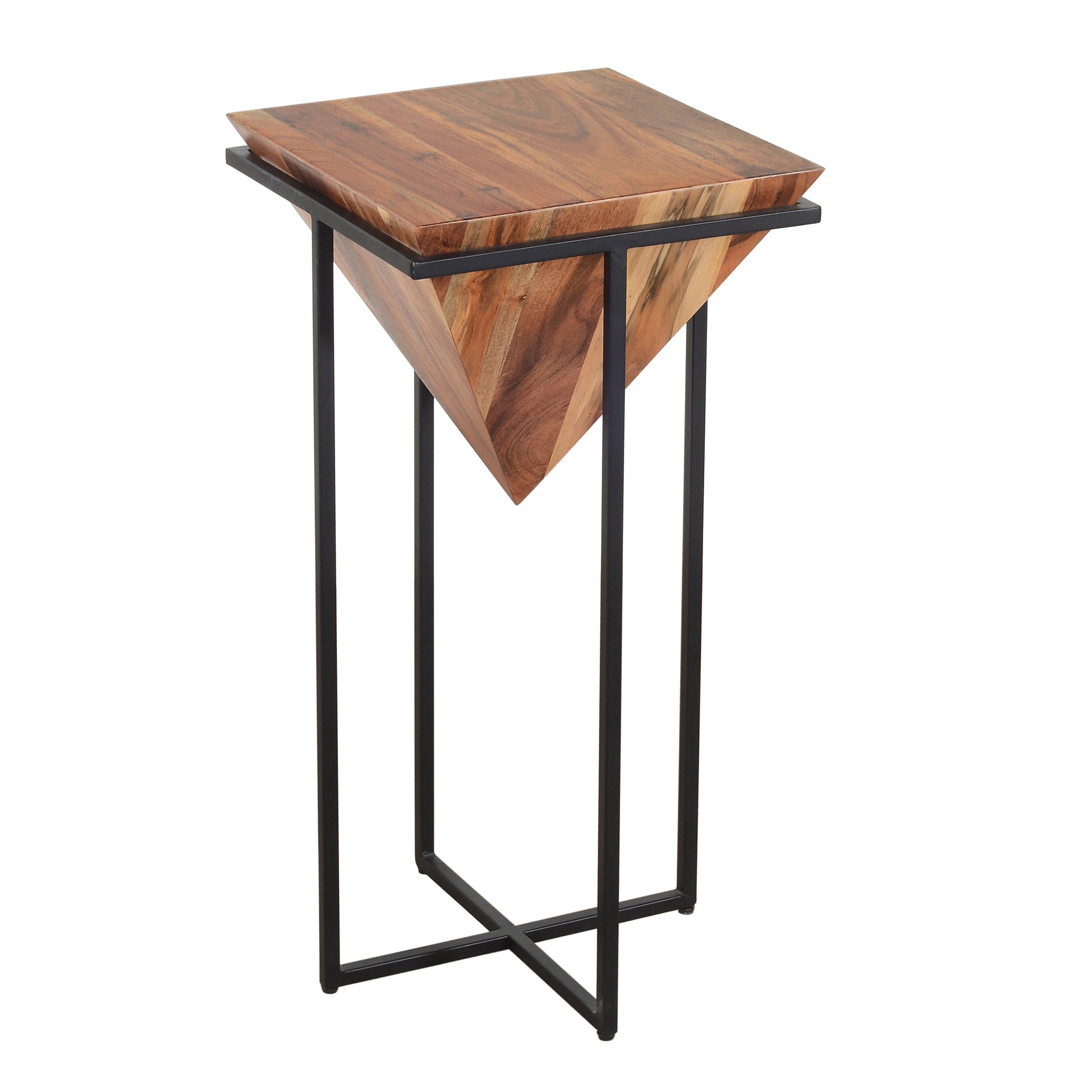 30 Inch Pyramid Shape Wooden Side Table With Cross Metal Base, Brown and Black