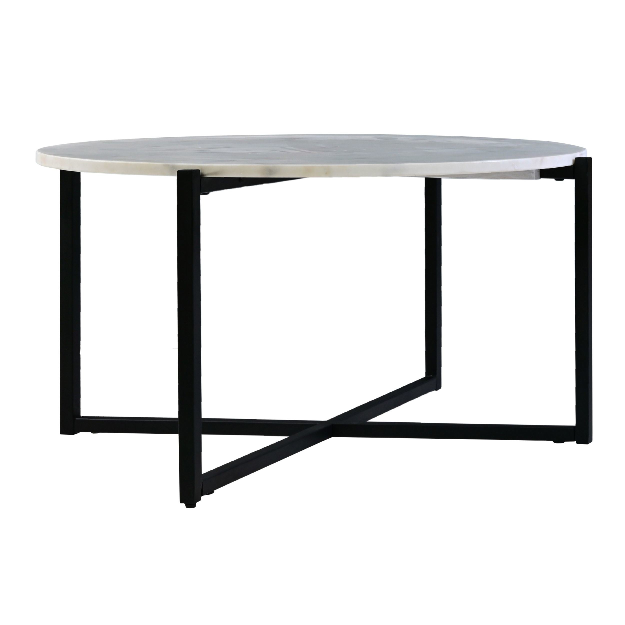 Ivy 30 Inch Marble Top Round Coffee Table with Metal Frame, White and Black