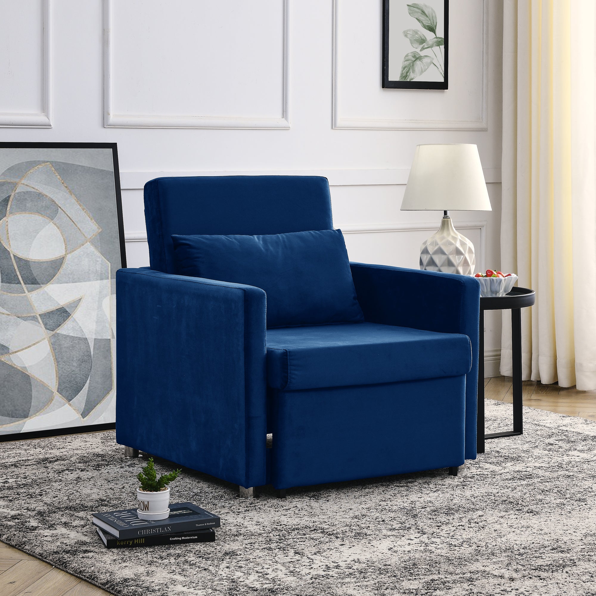 Sofa Bed Chair 2-in-1 Convertible Chair Bed, Lounger Sleeper Chair for Small Space with One Pillow, Blue Velvet