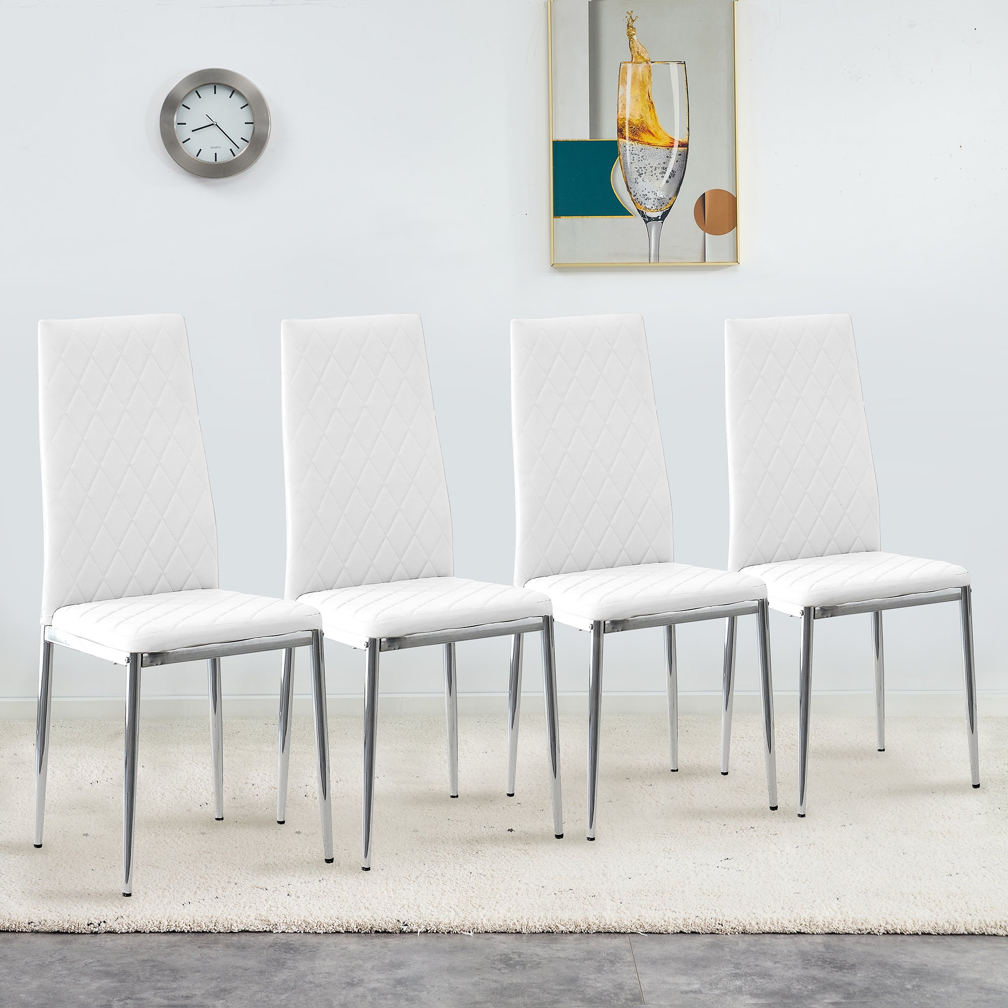 Grid armless high backrest dining chair, 4-piece set of silver metal legs white chair, office chair. Suitable for restaurants, living rooms, kitchens, and offices.W115162607 0924