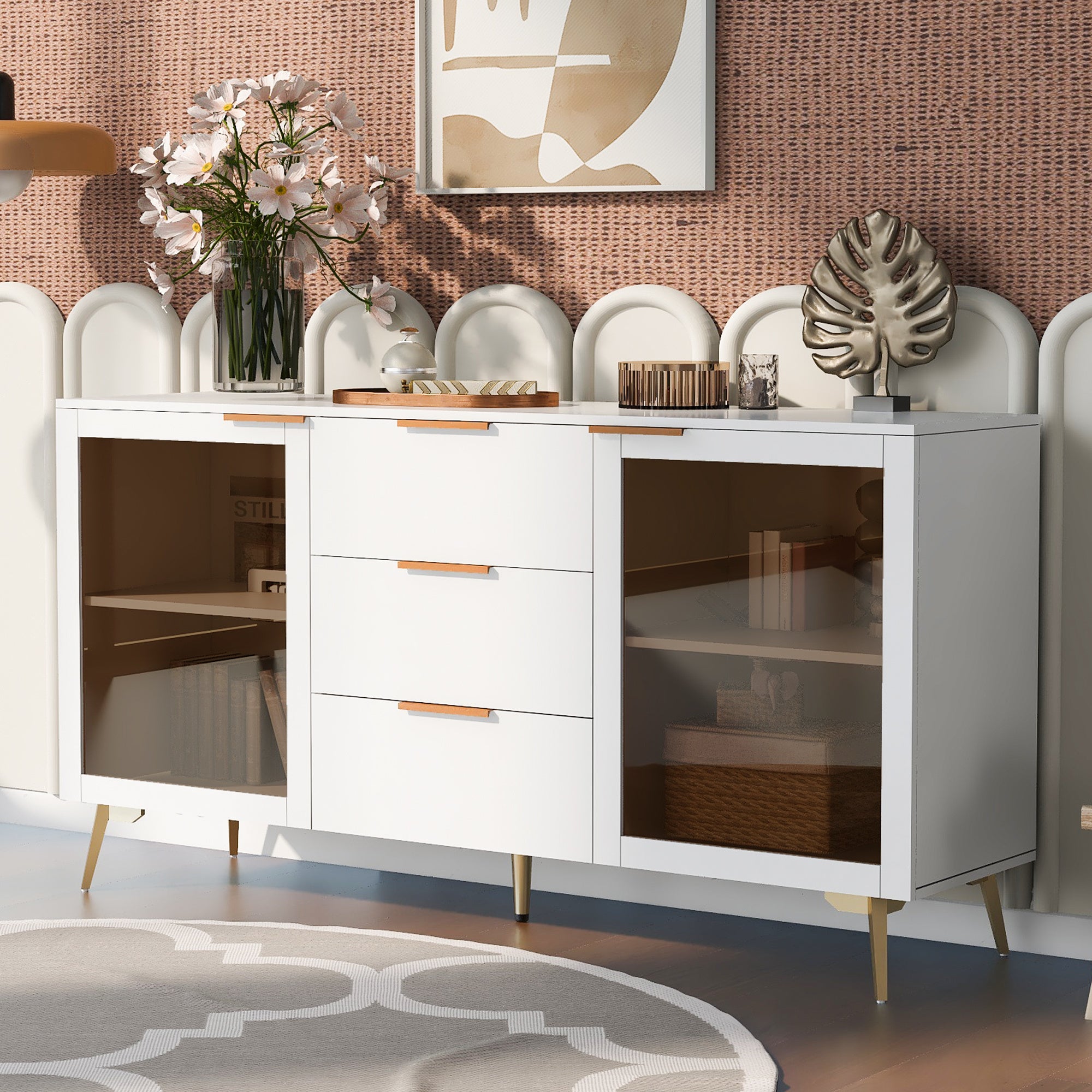 Featured Two-door Storage Cabinet with Three Drawers and Metal Handles , Suitable for Corridors, Entrances and Living Rooms