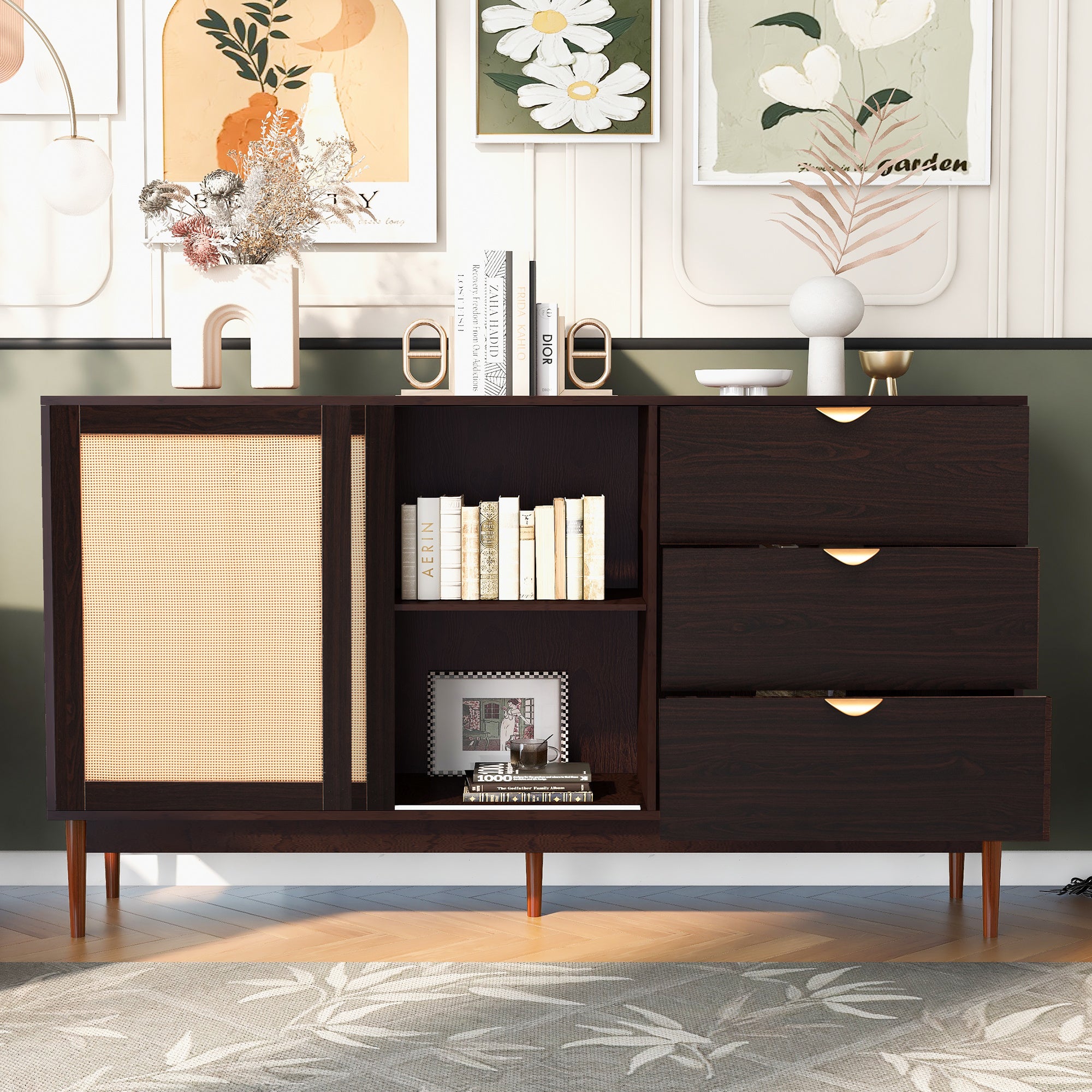 U_Style Featured Two-door Storage Cabinet with Three Drawers and Metal Handles , Suitable for Corridors, Entrances, Living rooms, and Study