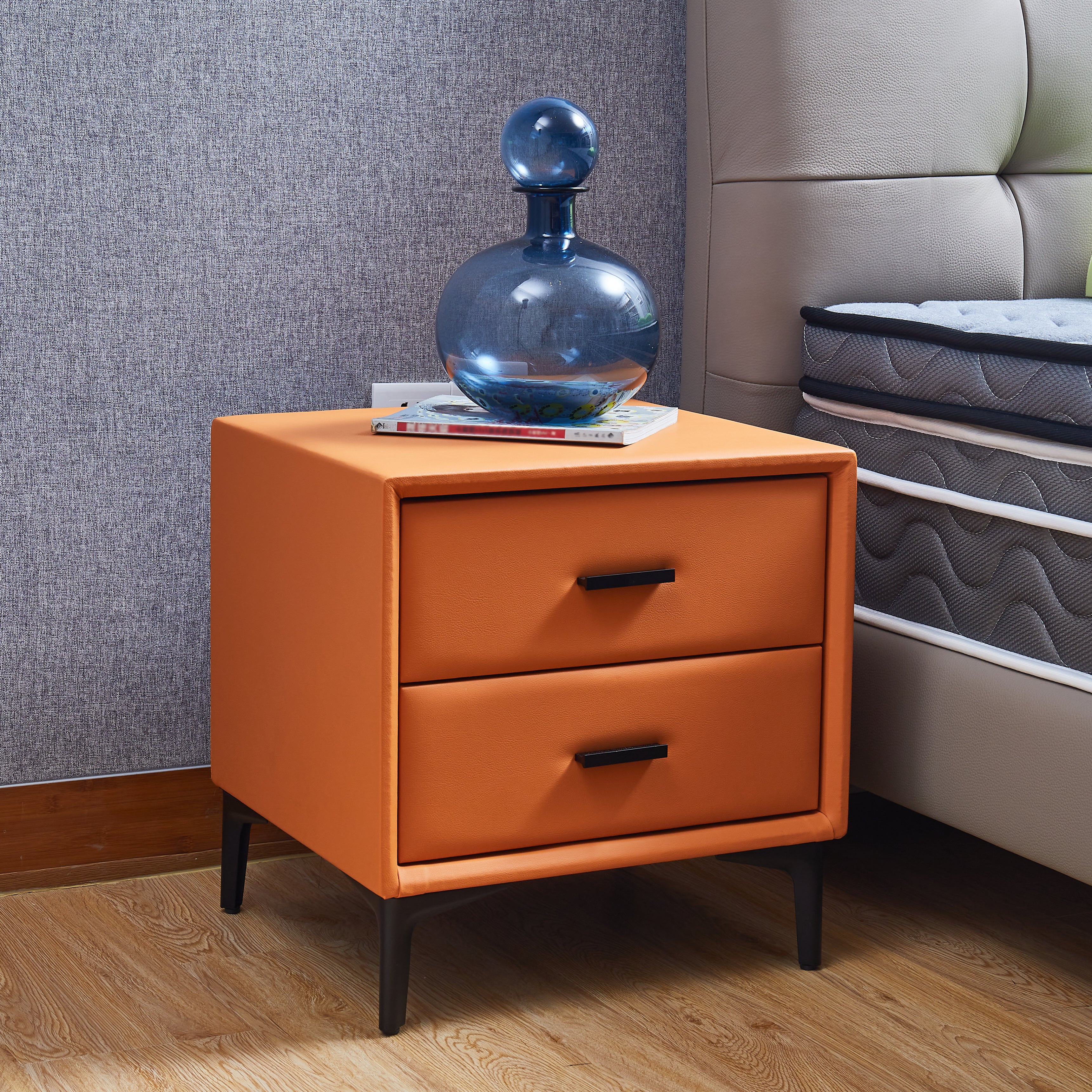 Modern Nightstand with 2 Drawers, Night Stand with PU Leather and Hardware Legs, End Table, Bedside Cabinet for Living Room/Bedroom (Orange)