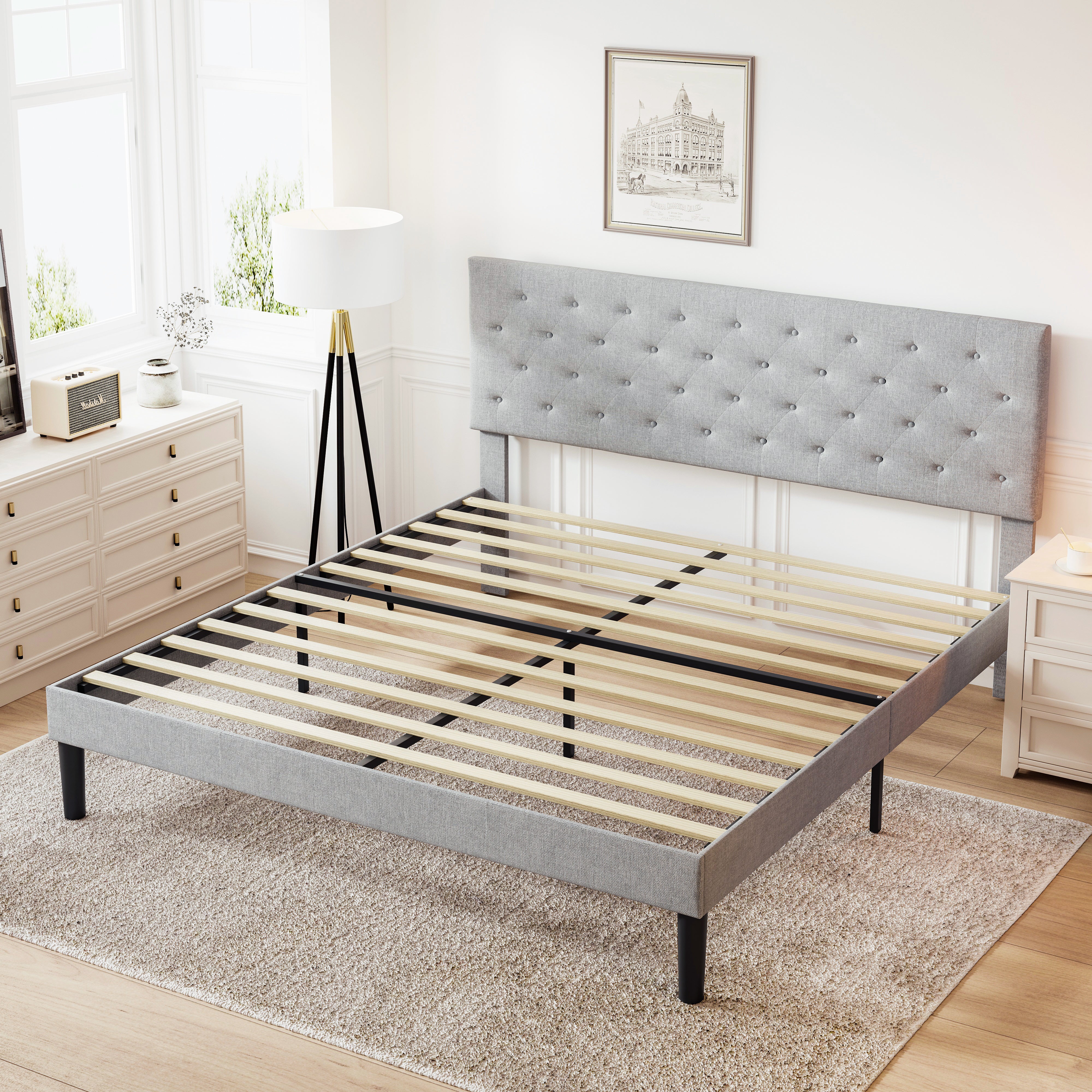 Simple King Size Grey Bed frame, Adjustable Headboard