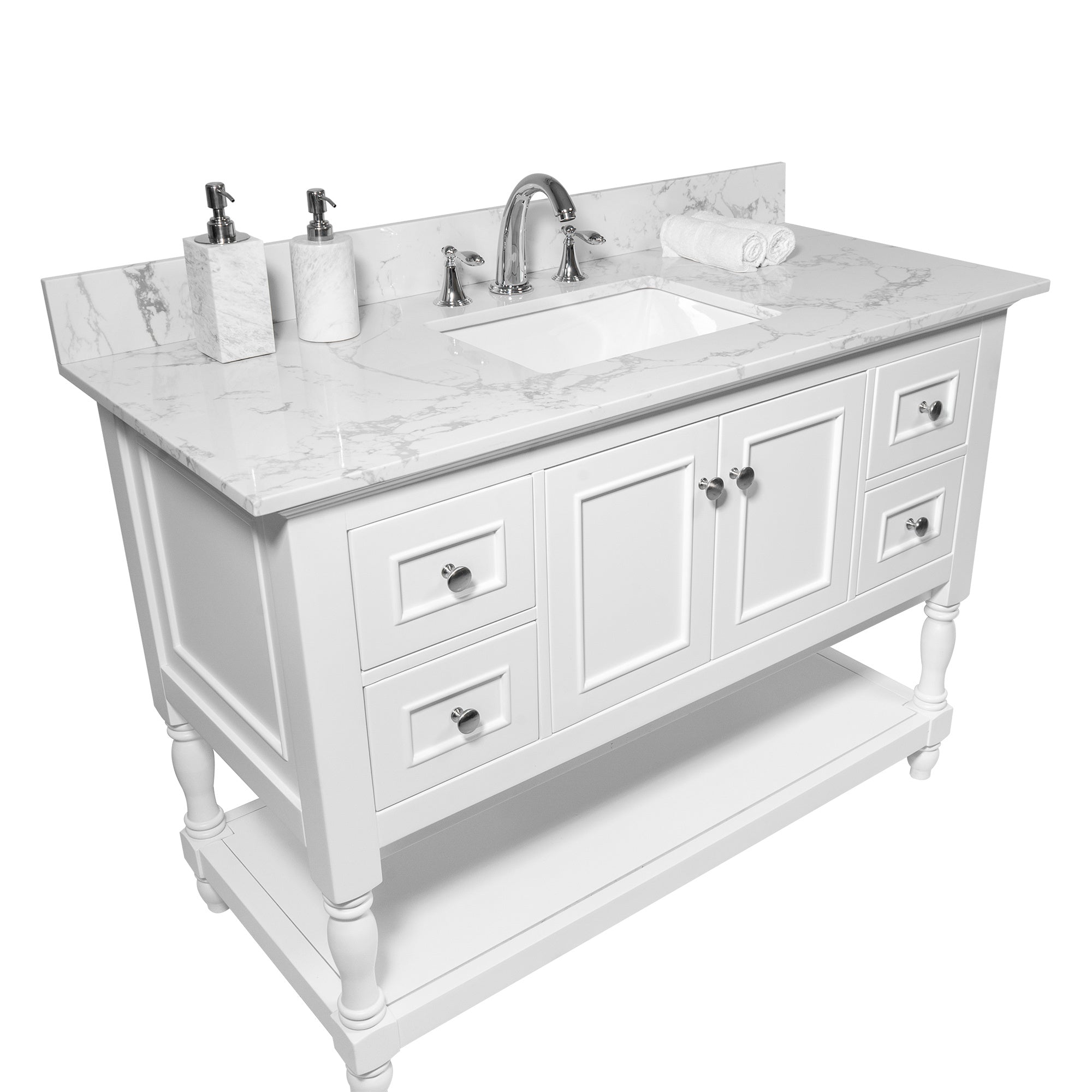 Montary 43x22 bathroom stone vanity top engineered stone carrara white marble color with rectangle undermount ceramic sink and 3 faucet hole with back splash .