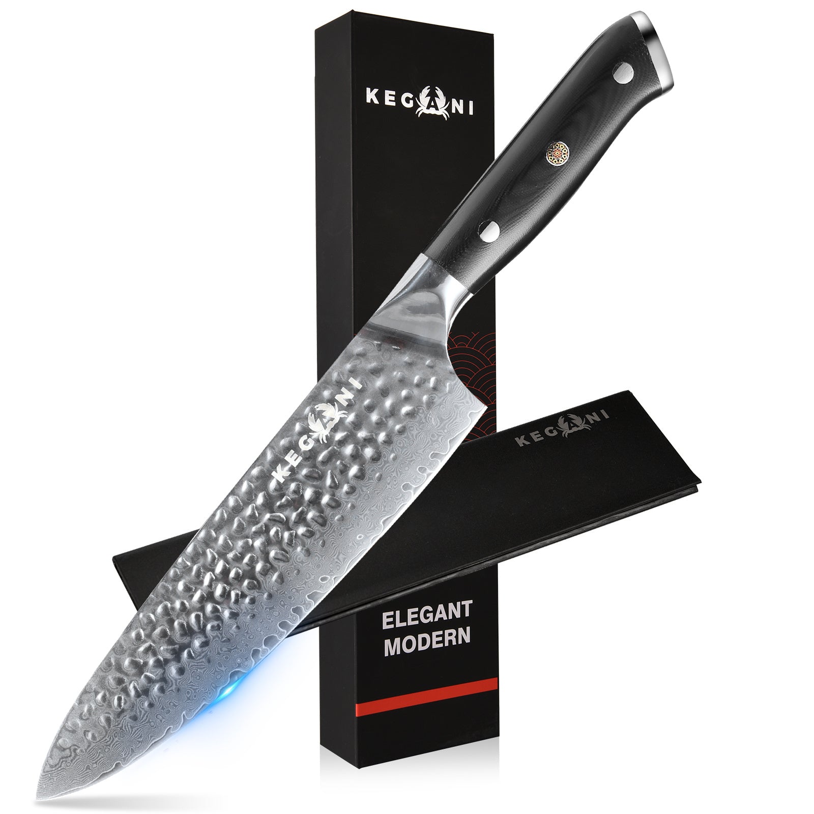 Kegani Chef Knife, 8 Inch Damascus Chefs Knife-Japanese VG10 Super Steel Hammered - G10 Handle Kitchen Knife - Classic Series