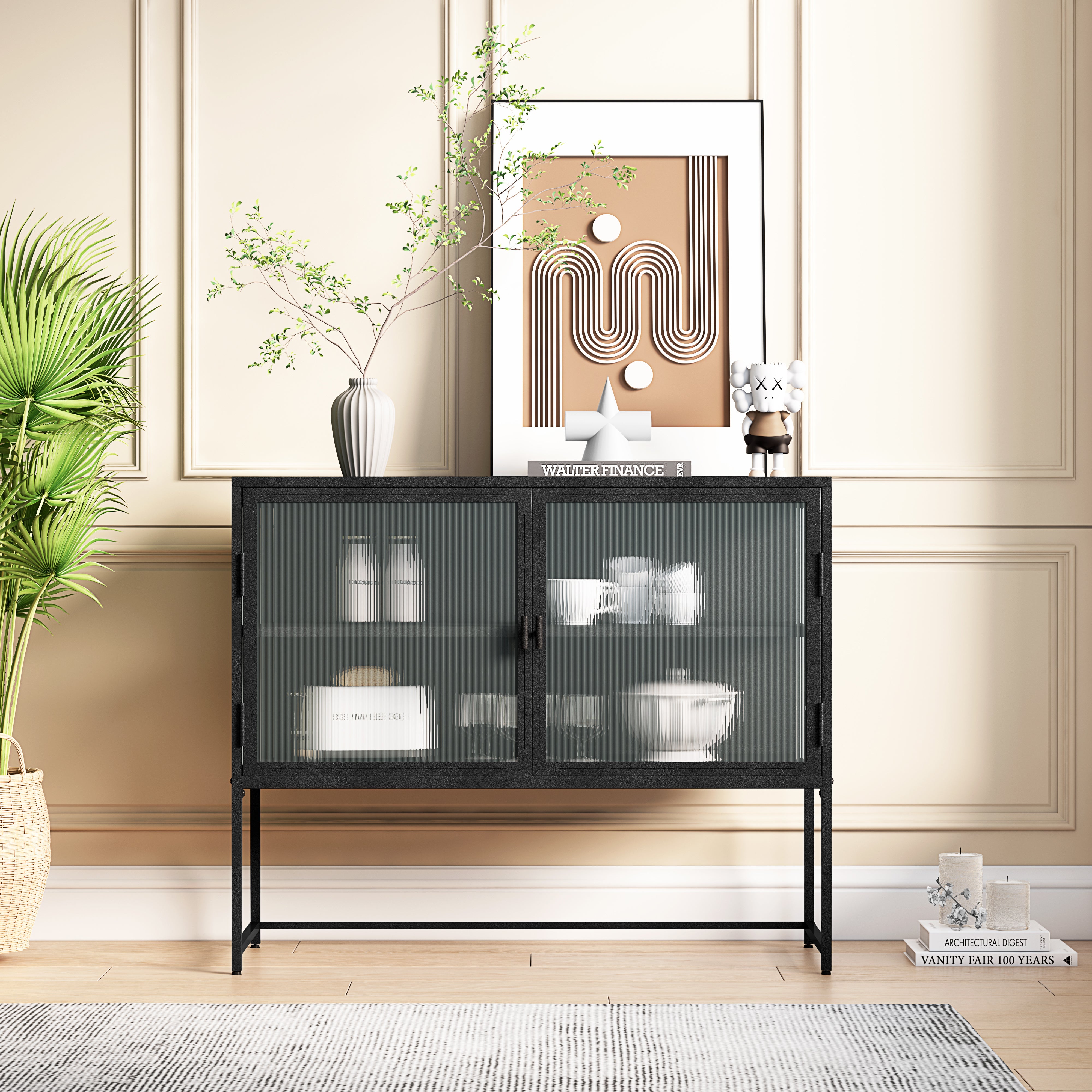 43.31"Glass Doors Modern MDF Cabinet with Featuring Two-tier Storage for Entryway Living Room Bathroom Dining Room,Matte Black