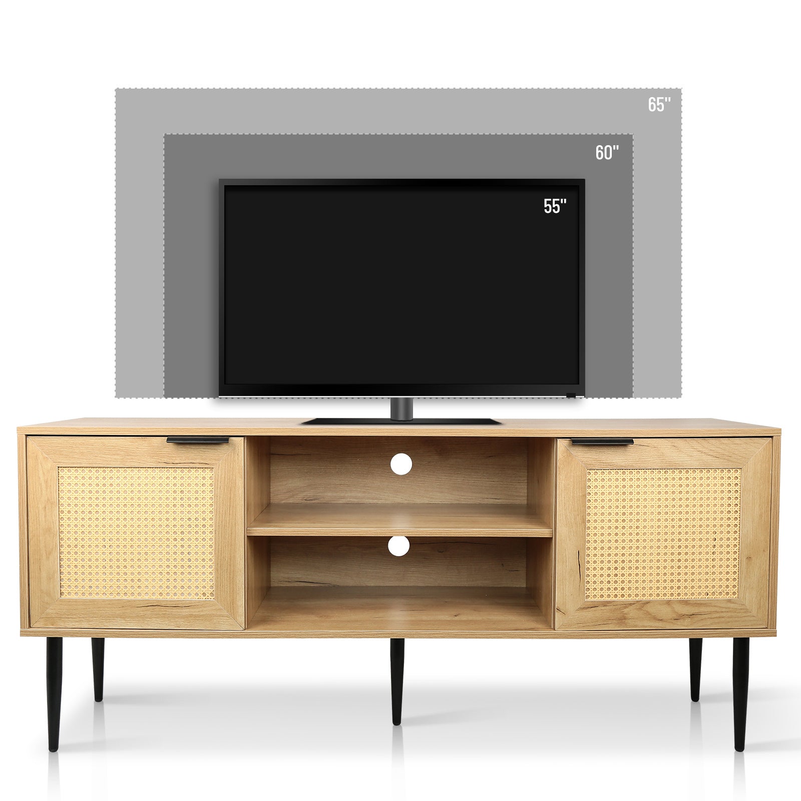 Wooden TV Stand for TVs up to 65 Inches,with 2 Rattan Decorated Doors and 2 Open Shelves,Living Room TV Console Table Wooden Entertainment Unit, Natural Color