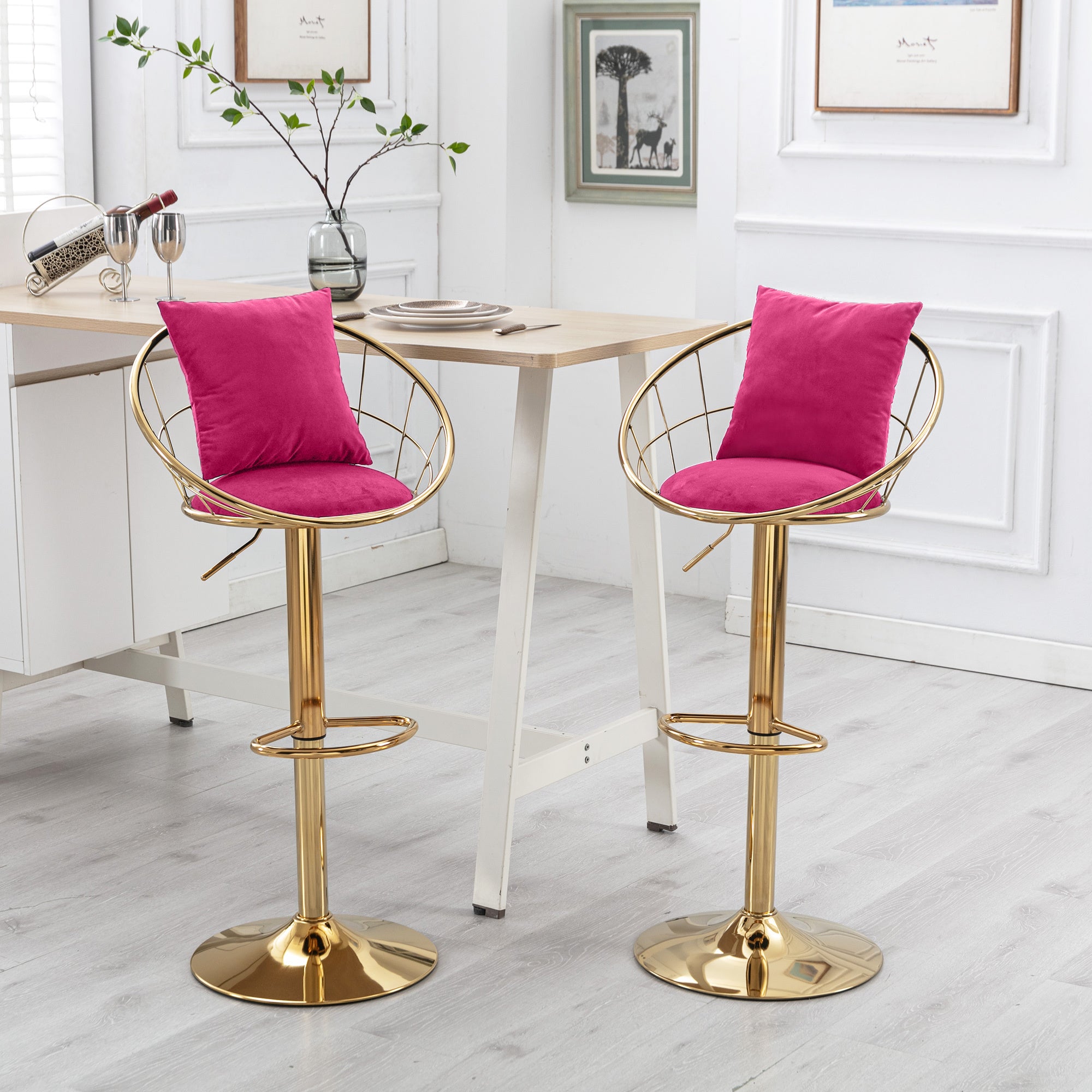 Rose Red velvet bar chair, pure gold plated, unique design,360 degree rotation.adjustable height,Suitable for dinning room and bar,set of 2