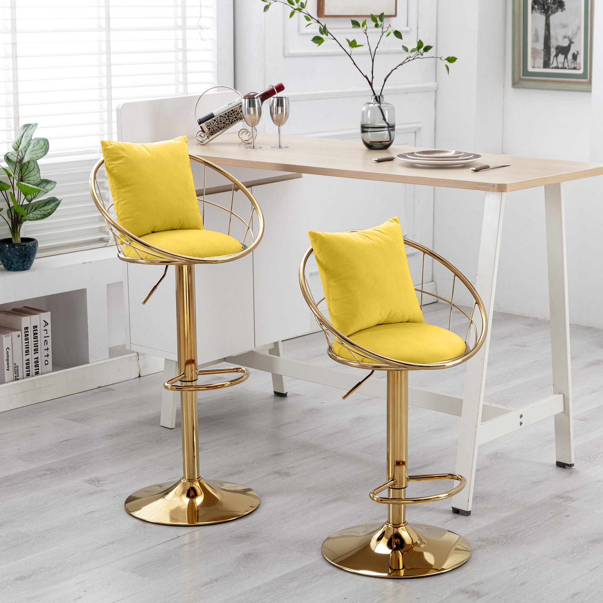 Yellow velvet bar chair, pure gold plated, unique design,360 degree rotation.adjustable height,Suitable for dinning room and bar,set of 2