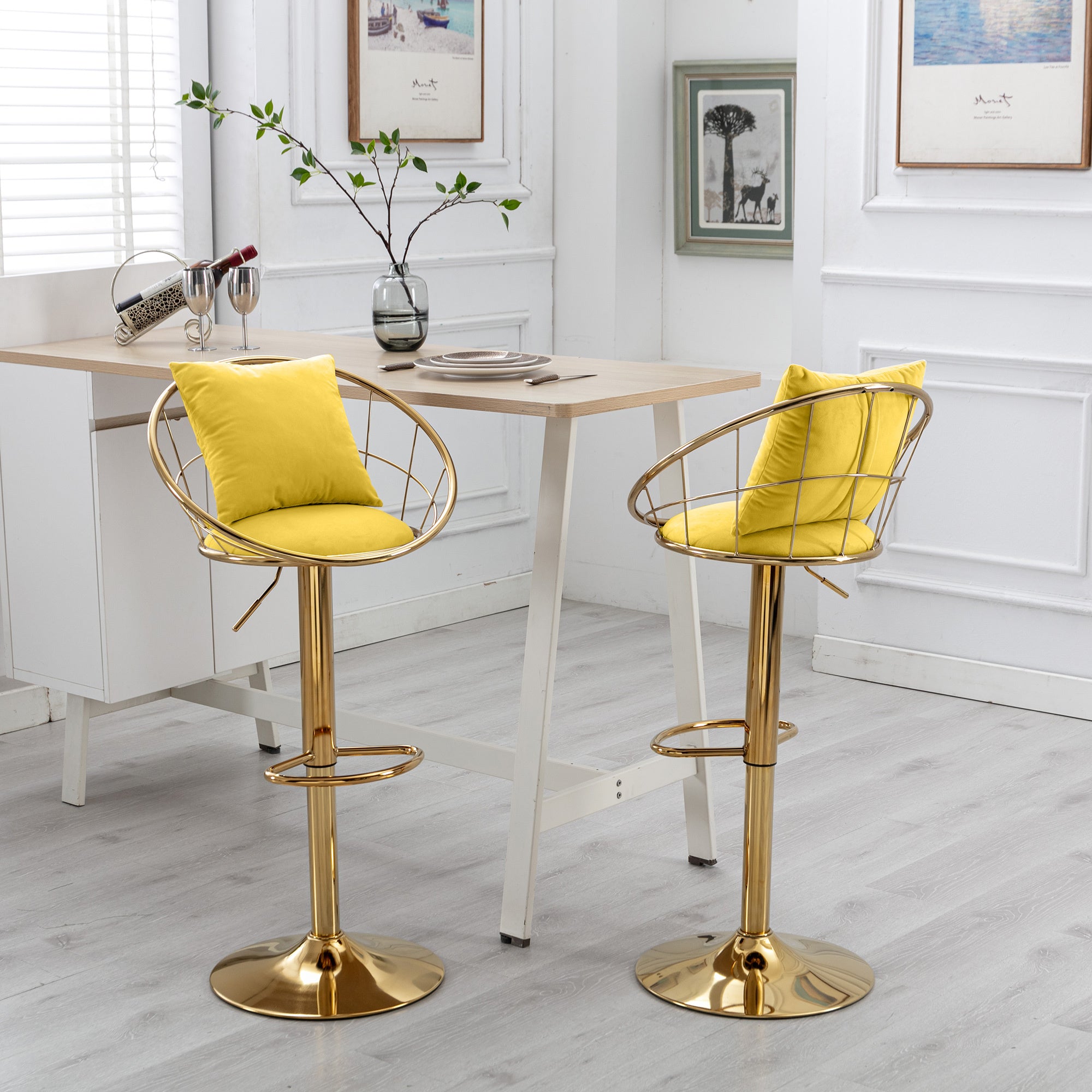 Yellow velvet bar chair, pure gold plated, unique design,360 degree rotation.adjustable height,Suitable for dinning room and bar,set of 2