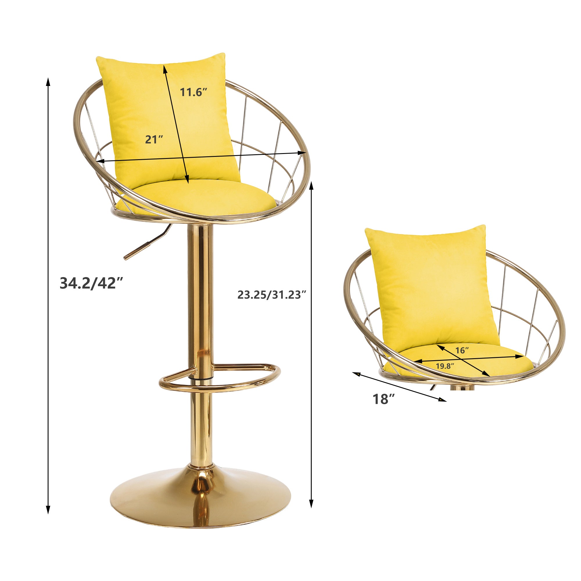 Yellow velvet bar chair, pure gold plated, unique design,360 degree rotation.adjustable height,Suitable for dinning room and bar,set of 2