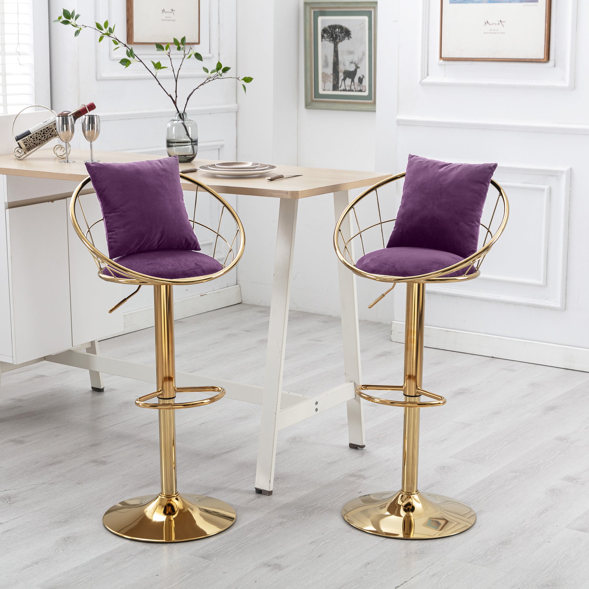 Purple velvet bar chair, pure gold plated, unique design,360 degree rotation.adjustable height,Suitable for dinning room and bar,set of 2