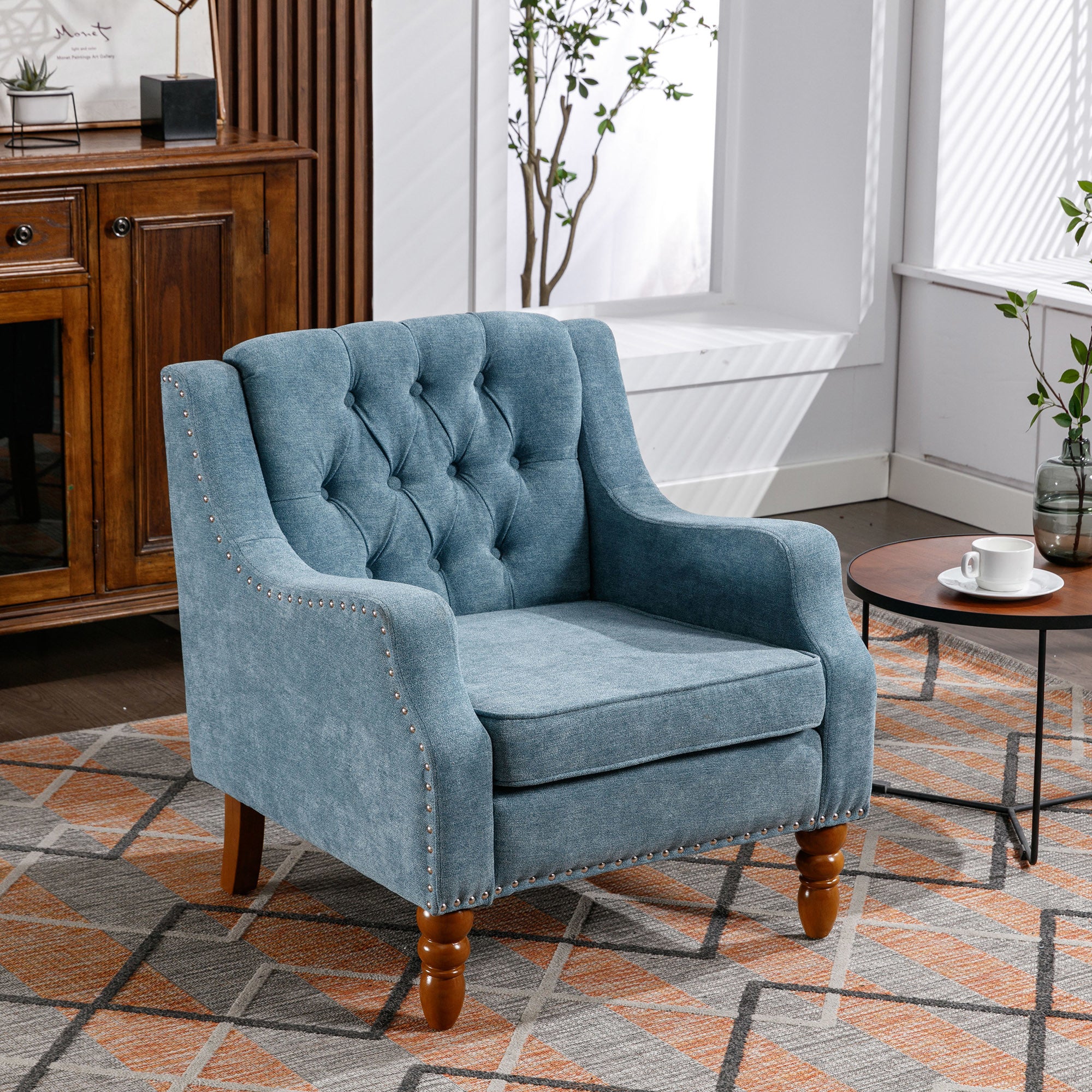 Blue Accent Chair, Living Room Chair, Footrest Chair Set with Vintage Brass Studs, Button Tufted Upholstered Armchair for Living Room, Comfy Reading Chair for Bedroom, Reception Room