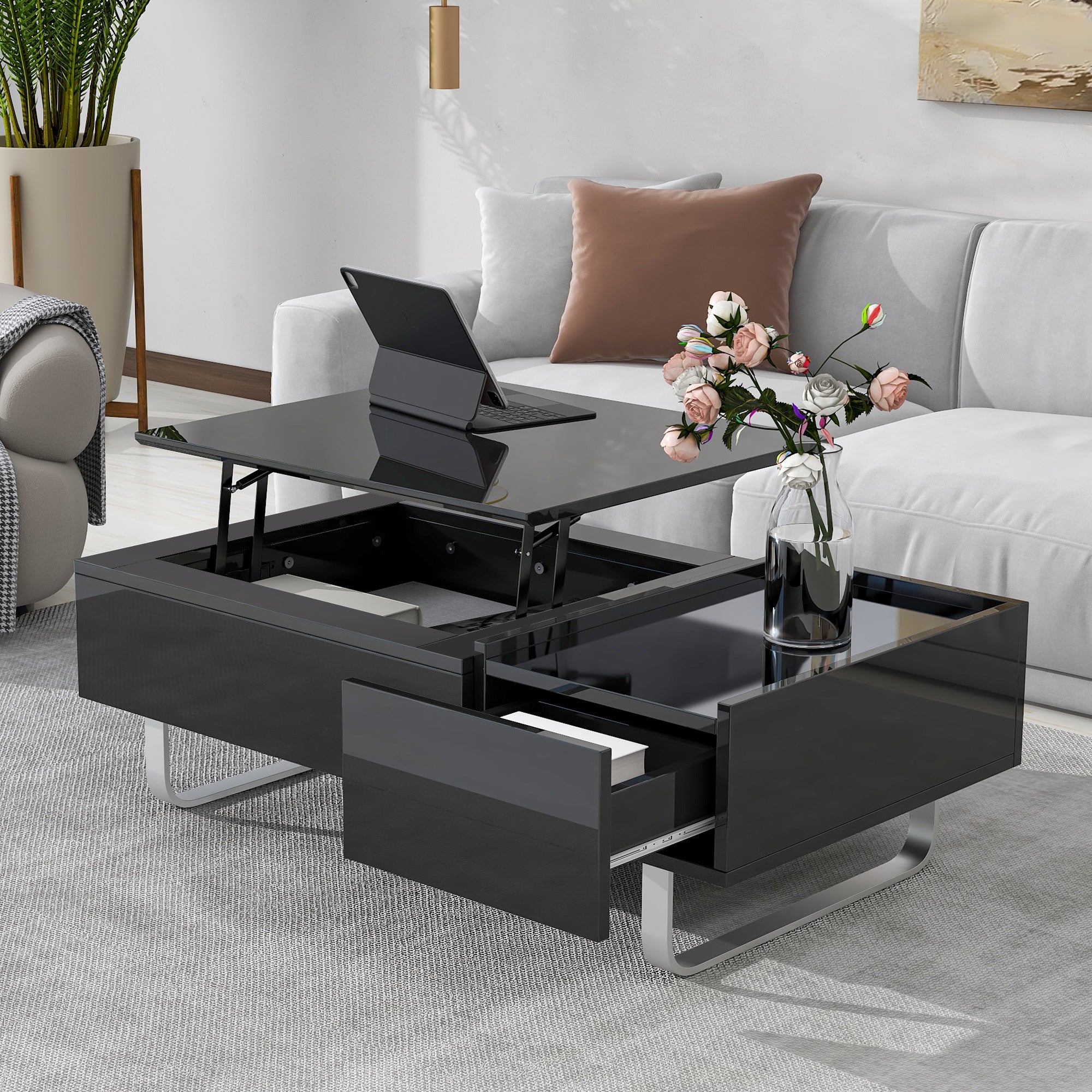 ON-TREND Multi-functional Coffee Table with Lifted Tabletop, Contemporary Cocktail Table with Metal Frame Legs, High-gloss Surface Dining Table for Li