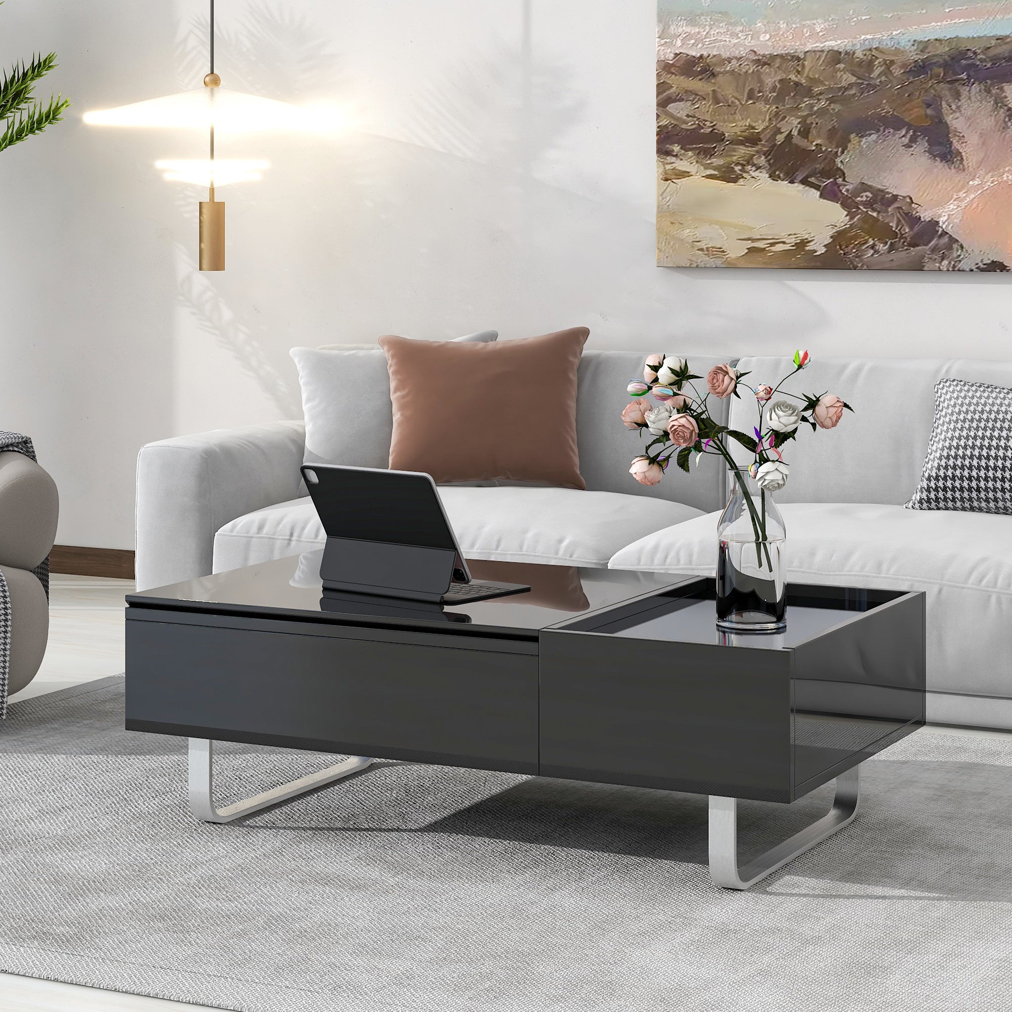 ON-TREND Multi-functional Coffee Table with Lifted Tabletop, Contemporary Cocktail Table with Metal Frame Legs, High-gloss Surface Dining Table for Li