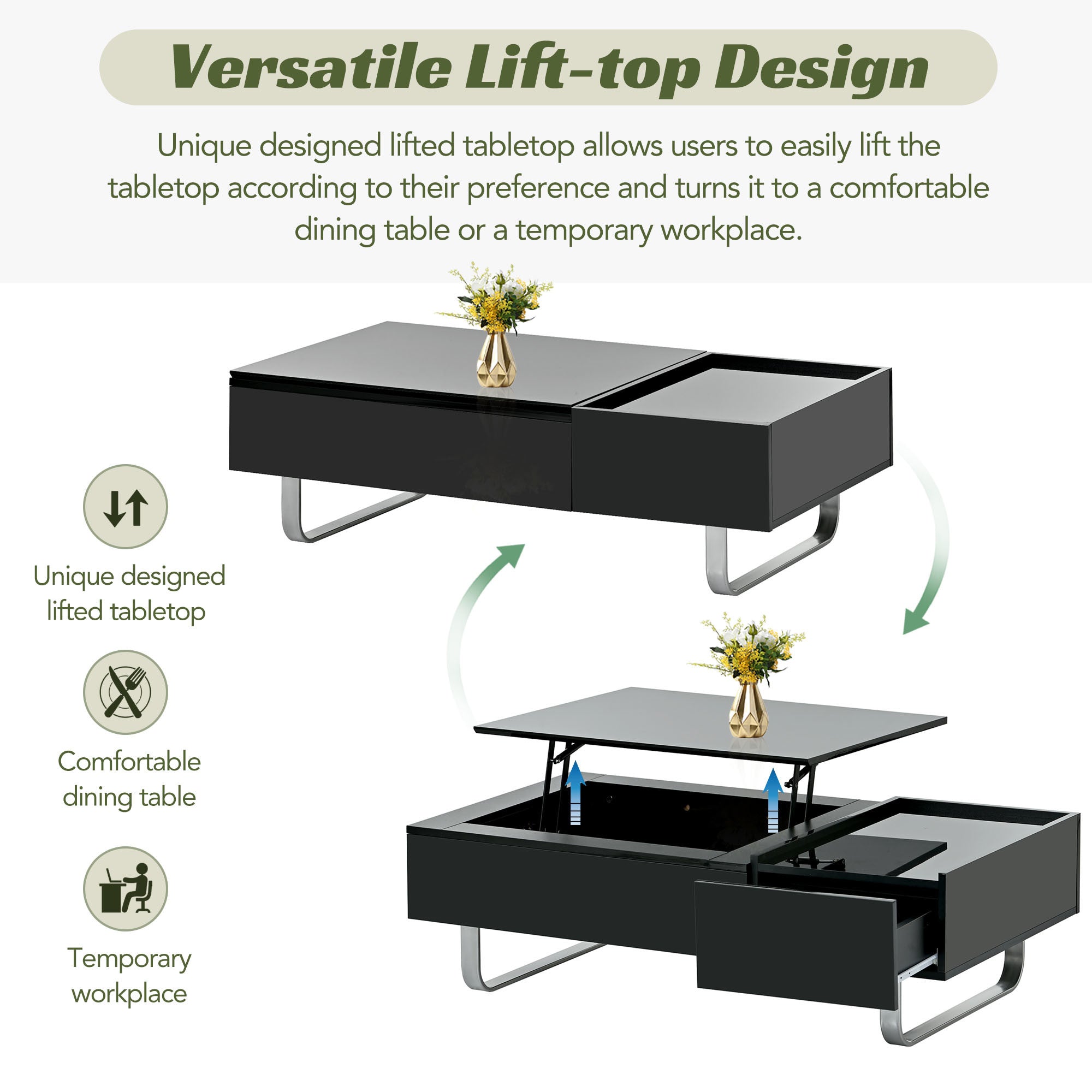 ON-TREND Multi-functional Coffee Table with Lifted Tabletop, Contemporary Cocktail Table with Metal Frame Legs, High-gloss Surface Dining Table for Li