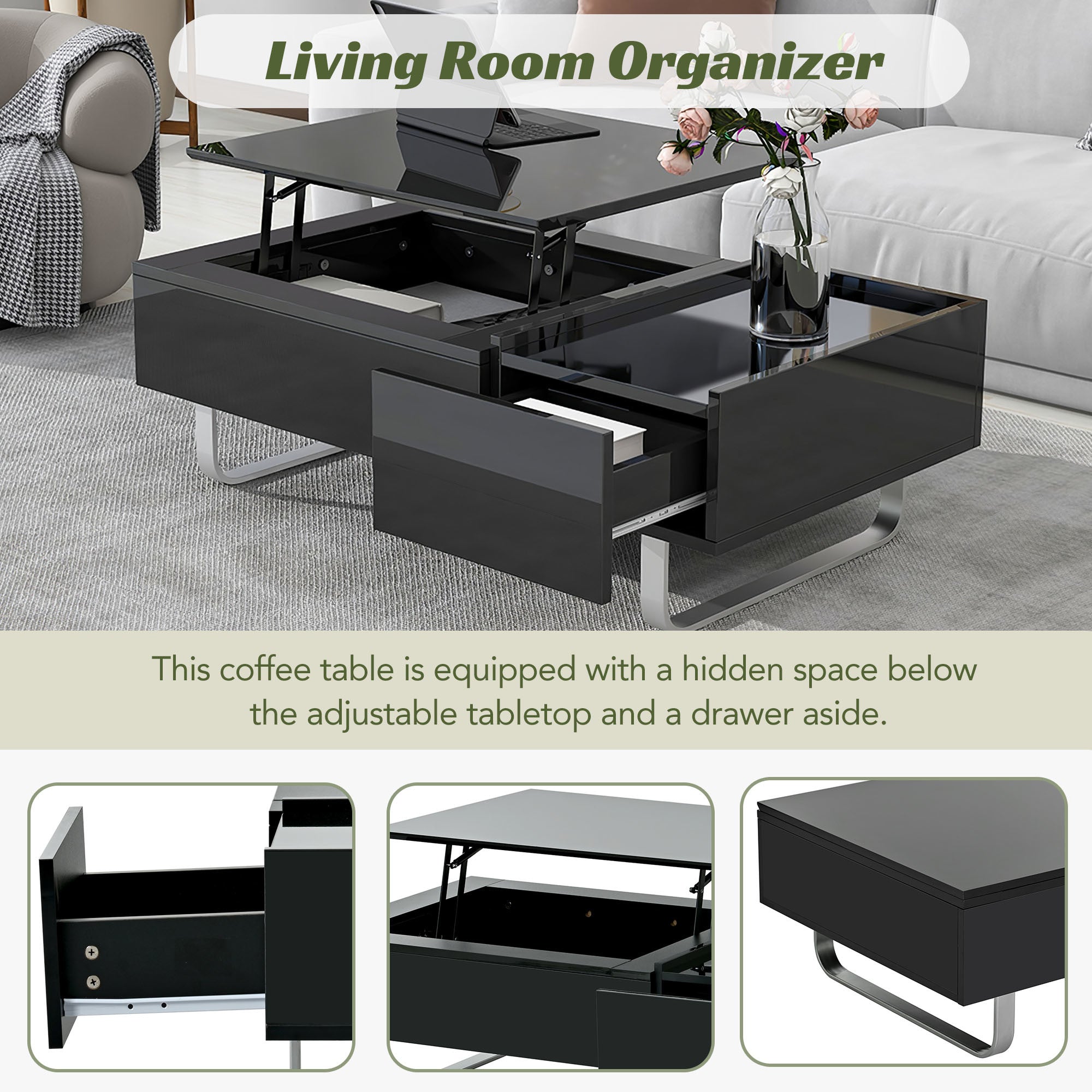 ON-TREND Multi-functional Coffee Table with Lifted Tabletop, Contemporary Cocktail Table with Metal Frame Legs, High-gloss Surface Dining Table for Li