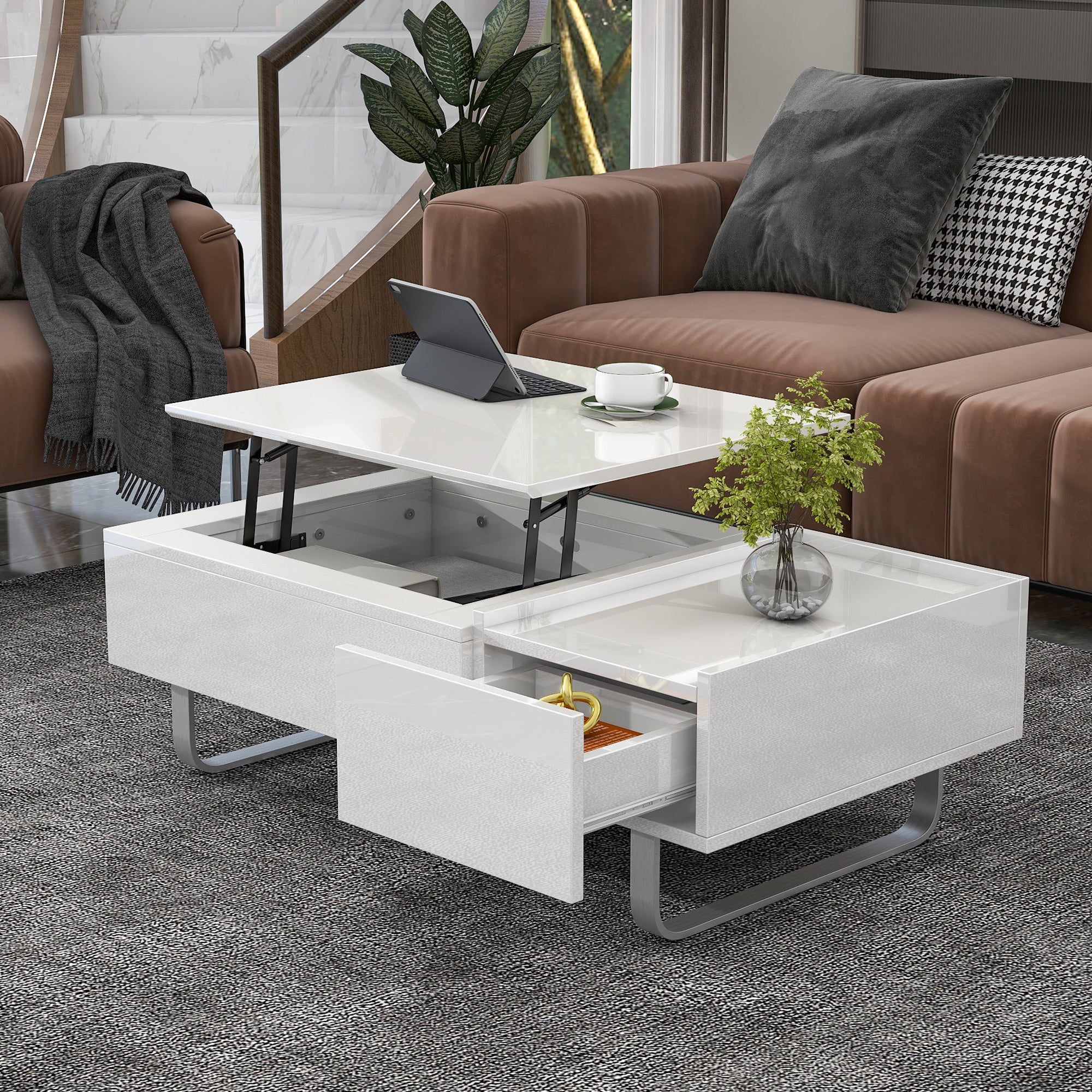 ON-TREND Multi-functional Coffee Table with Lifted Tabletop, Contemporary Cocktail Table with Metal Frame Legs, High-gloss Surface Dining Table for Li