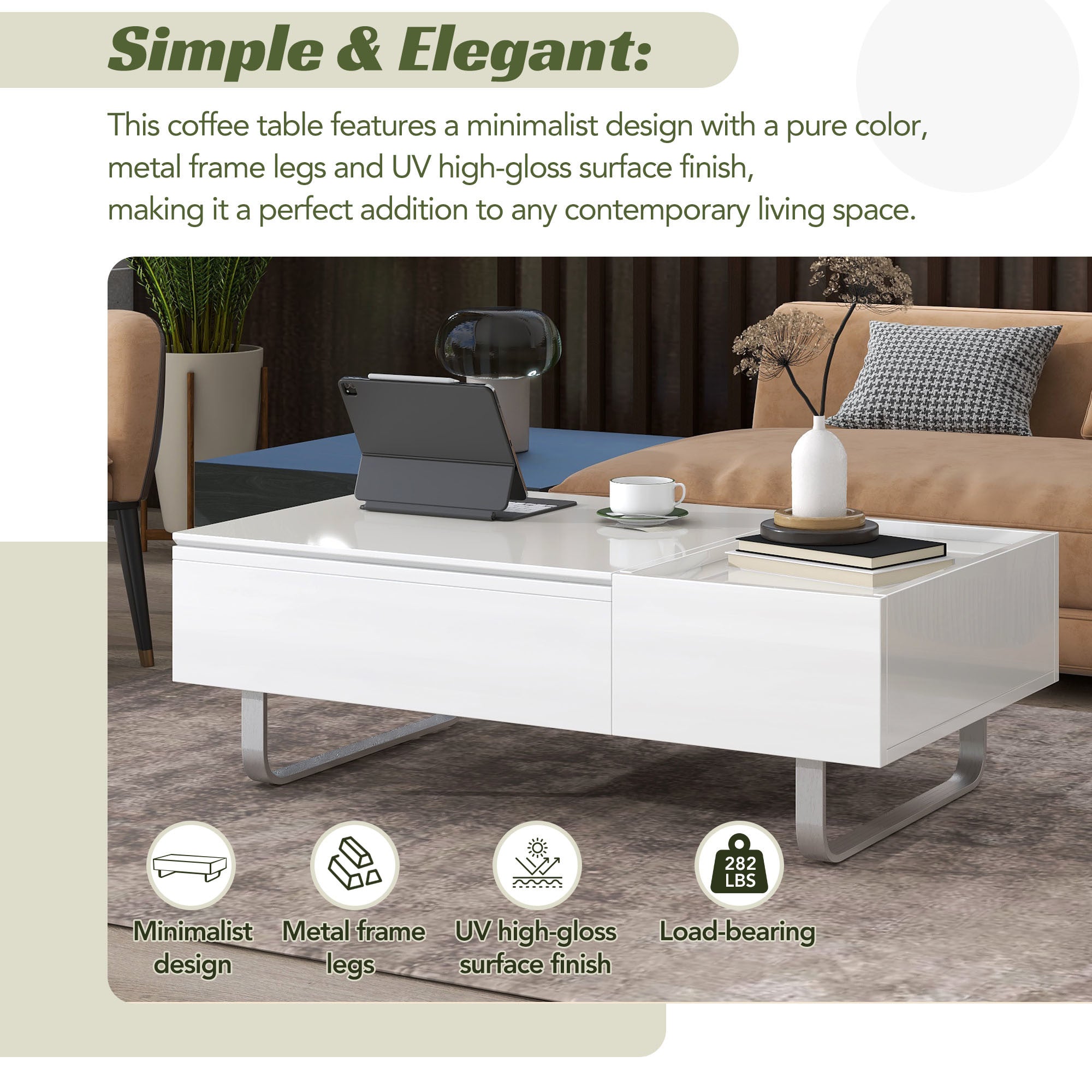 ON-TREND Multi-functional Coffee Table with Lifted Tabletop, Contemporary Cocktail Table with Metal Frame Legs, High-gloss Surface Dining Table for Li