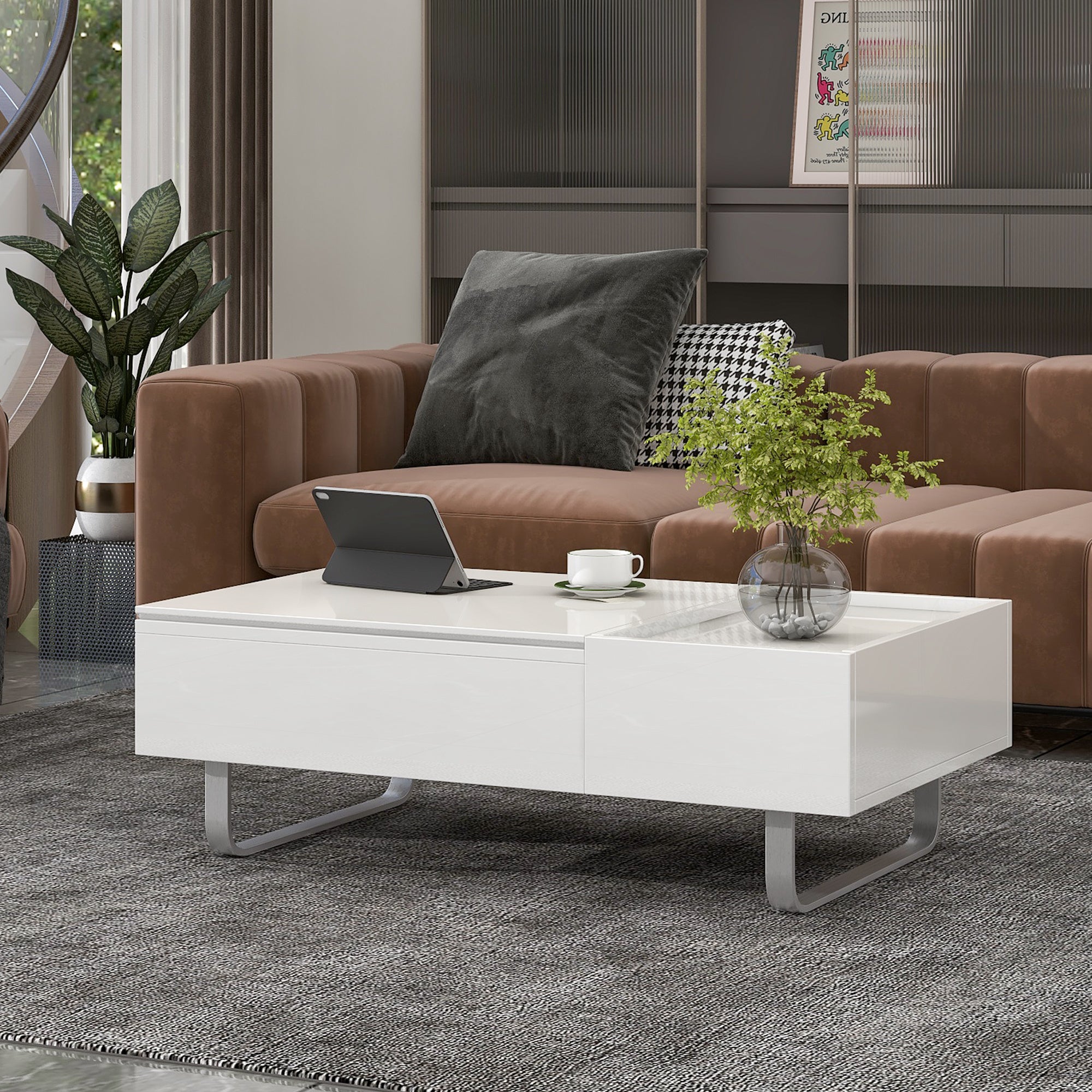 ON-TREND Multi-functional Coffee Table with Lifted Tabletop, Contemporary Cocktail Table with Metal Frame Legs, High-gloss Surface Dining Table for Li