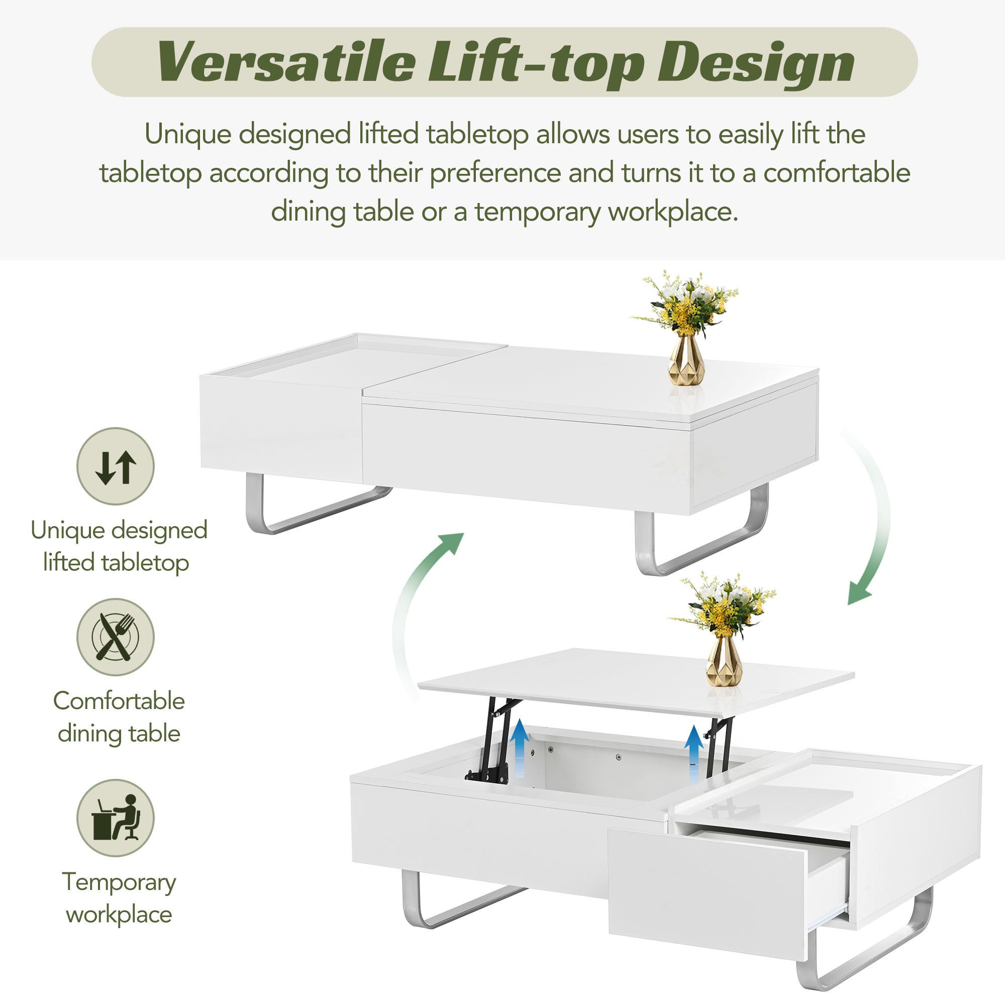 ON-TREND Multi-functional Coffee Table with Lifted Tabletop, Contemporary Cocktail Table with Metal Frame Legs, High-gloss Surface Dining Table for Li