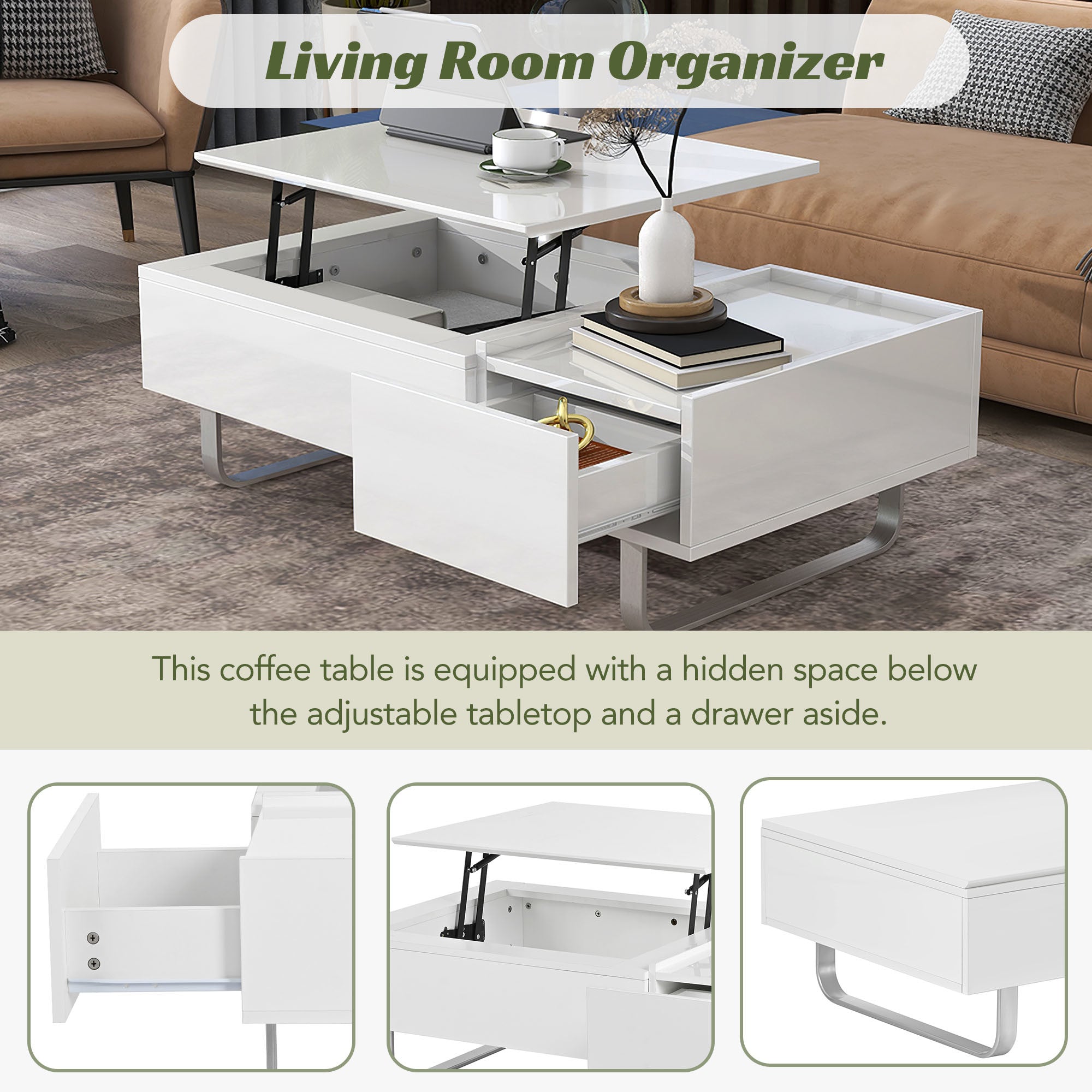 ON-TREND Multi-functional Coffee Table with Lifted Tabletop, Contemporary Cocktail Table with Metal Frame Legs, High-gloss Surface Dining Table for Li