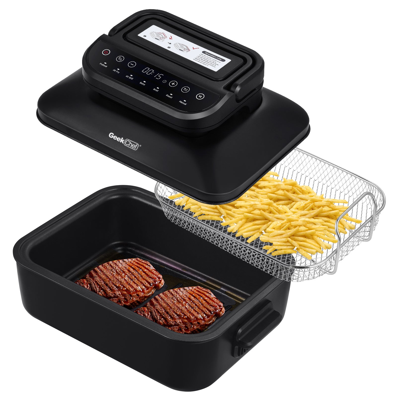 Geek Chef 7 In 1 Smokeless Electric Indoor Grill with Air Fry, Roast, Bake, Portable 2 in 1 Indoor Tabletop Grill & Griddle with Preset Function, Removable Non-Stick Plate, Air Fryer Basket, 6-Serving