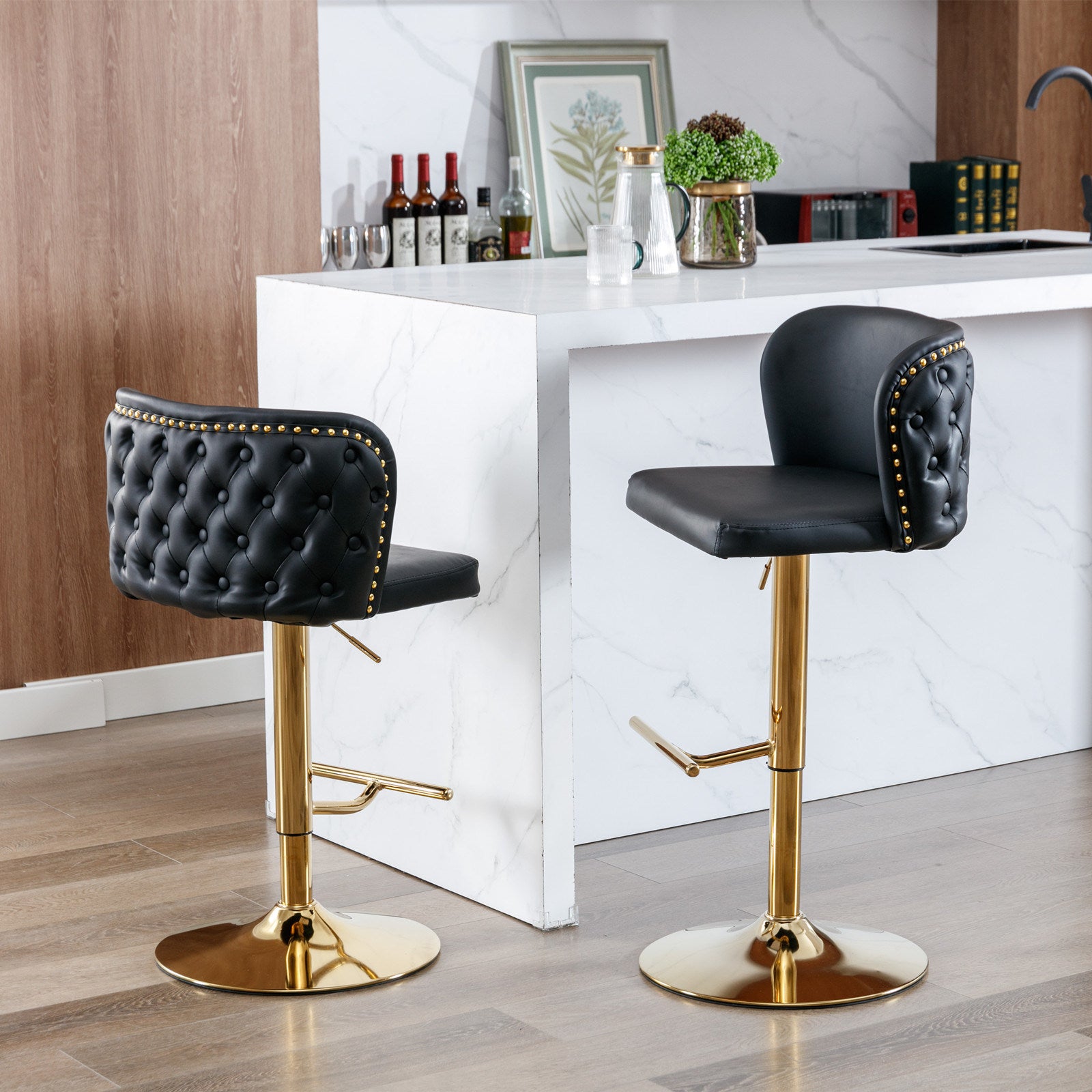 A&A Furniture,Swivel Barstools Adjusatble Seat Height, Modern PU Upholstered Bar Stools with the whole Back Tufted, for Home Pub and Kitchen Island(Black, Set of 2)