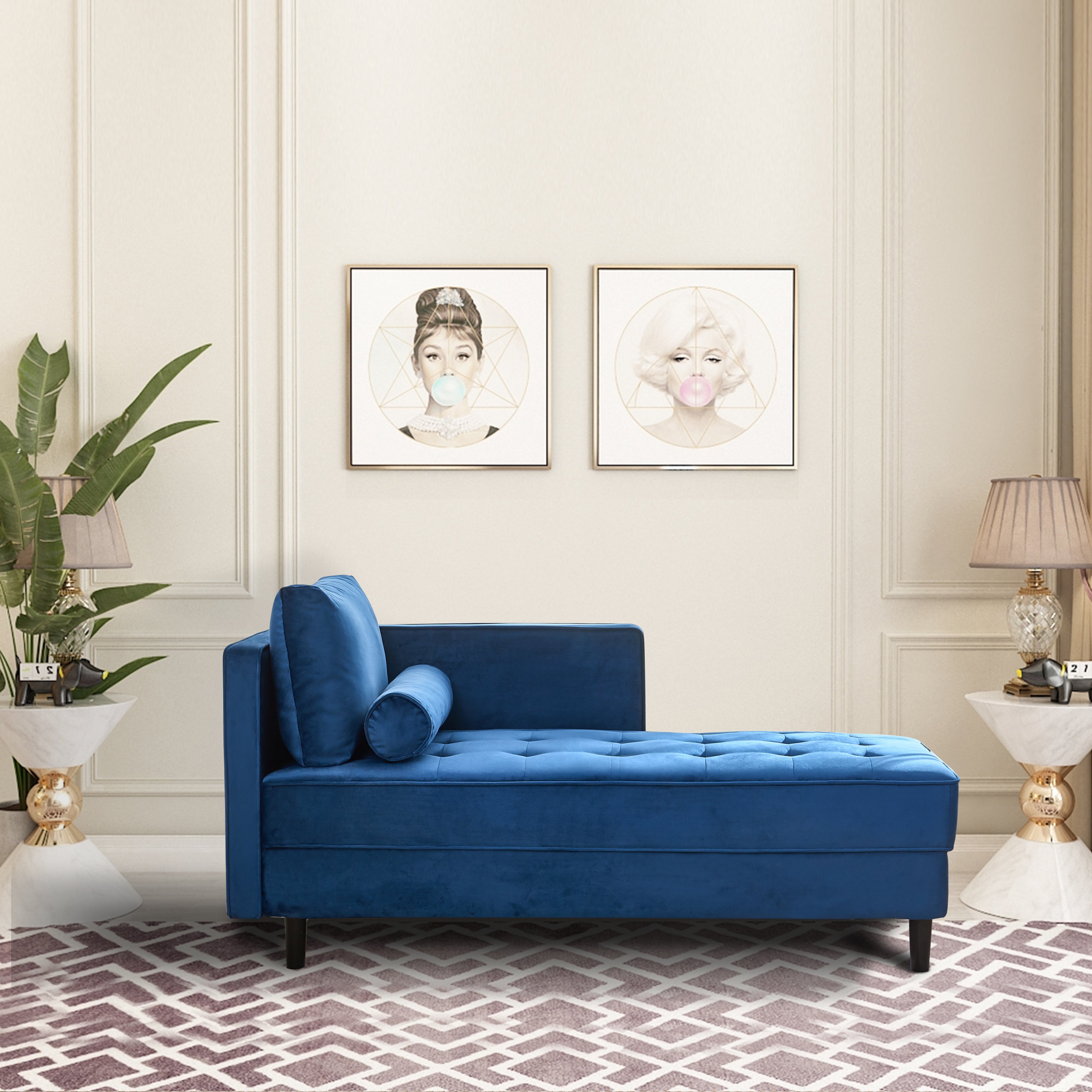 64" Velvet Chaise,Mid-Century Modern Chaise Furniture,Sleeper for Living Room,Apartment,Tool-Free Assembly. (Blue)