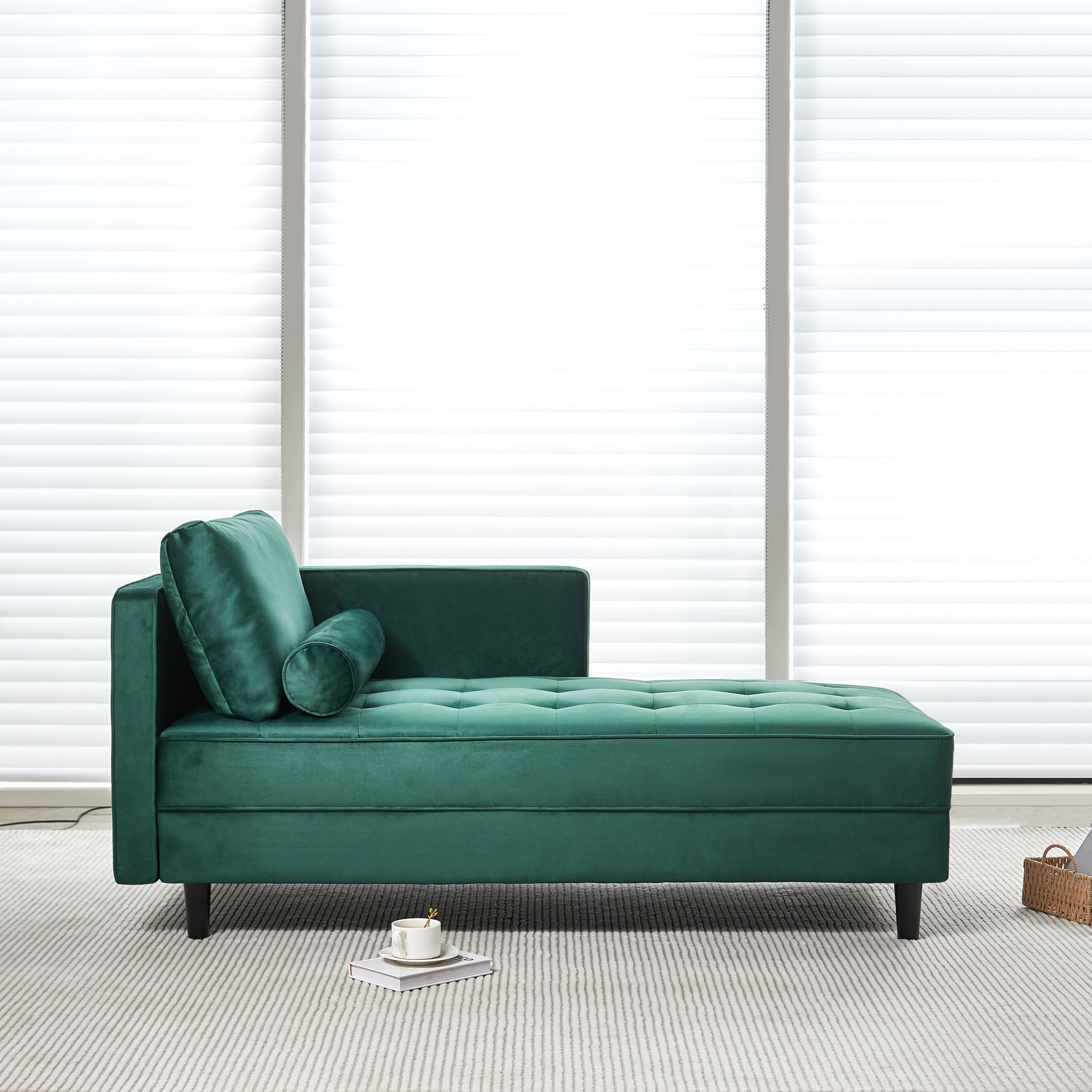 64" Velvet Chaise,Mid-Century Modern Chaise Furniture,Sleeper for Living Room,Apartment,Tool-Free Assembly. (Green)