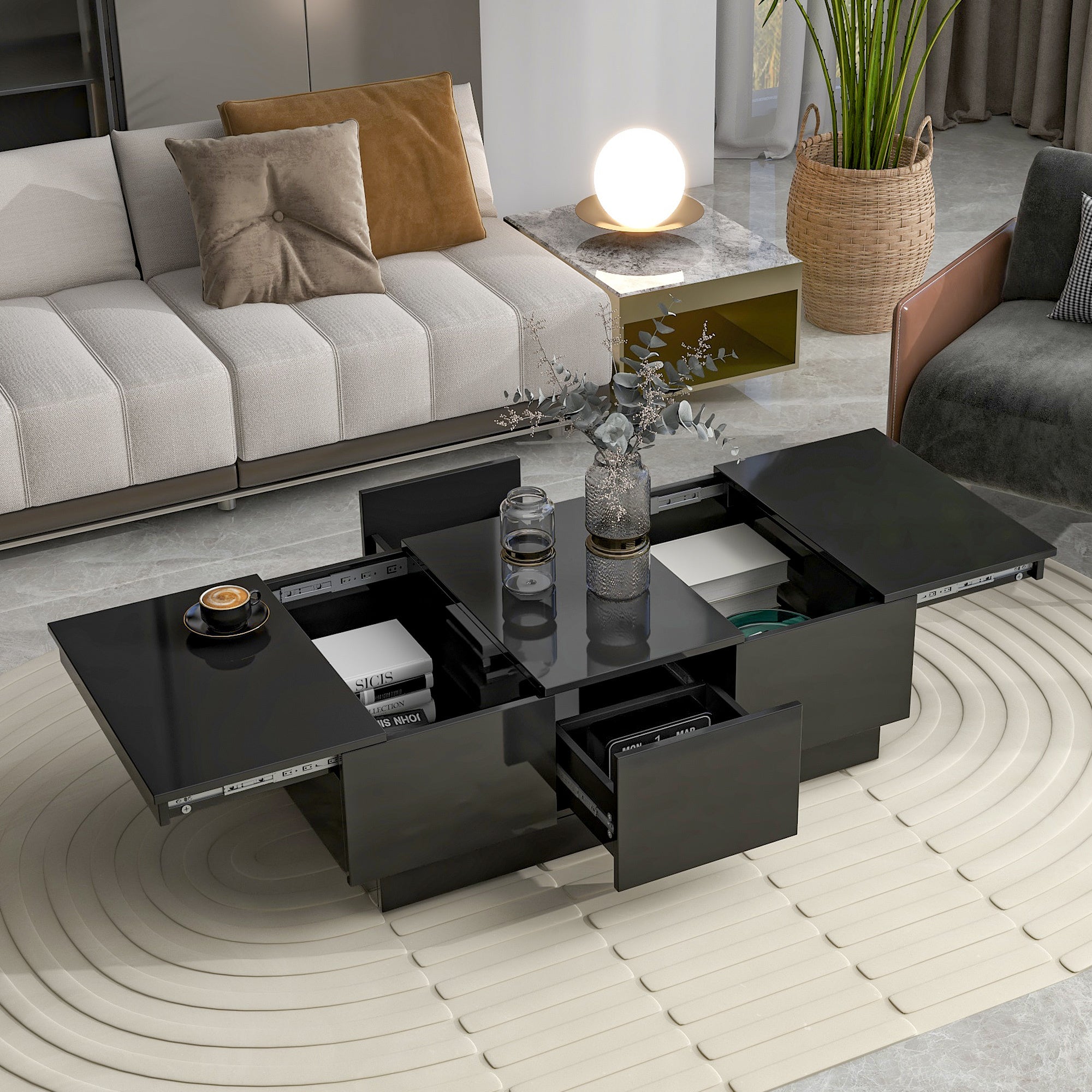 ON-TREND Multifunctional Coffee Table with 2 large Hidden Storage Compartment, Extendable Cocktail Table with 2 Drawers, High-gloss Center Table with 