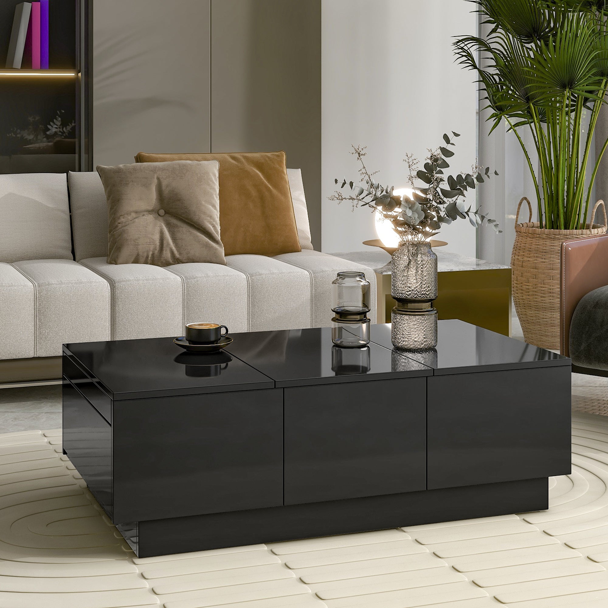 ON-TREND Multifunctional Coffee Table with 2 large Hidden Storage Compartment, Extendable Cocktail Table with 2 Drawers, High-gloss Center Table with 