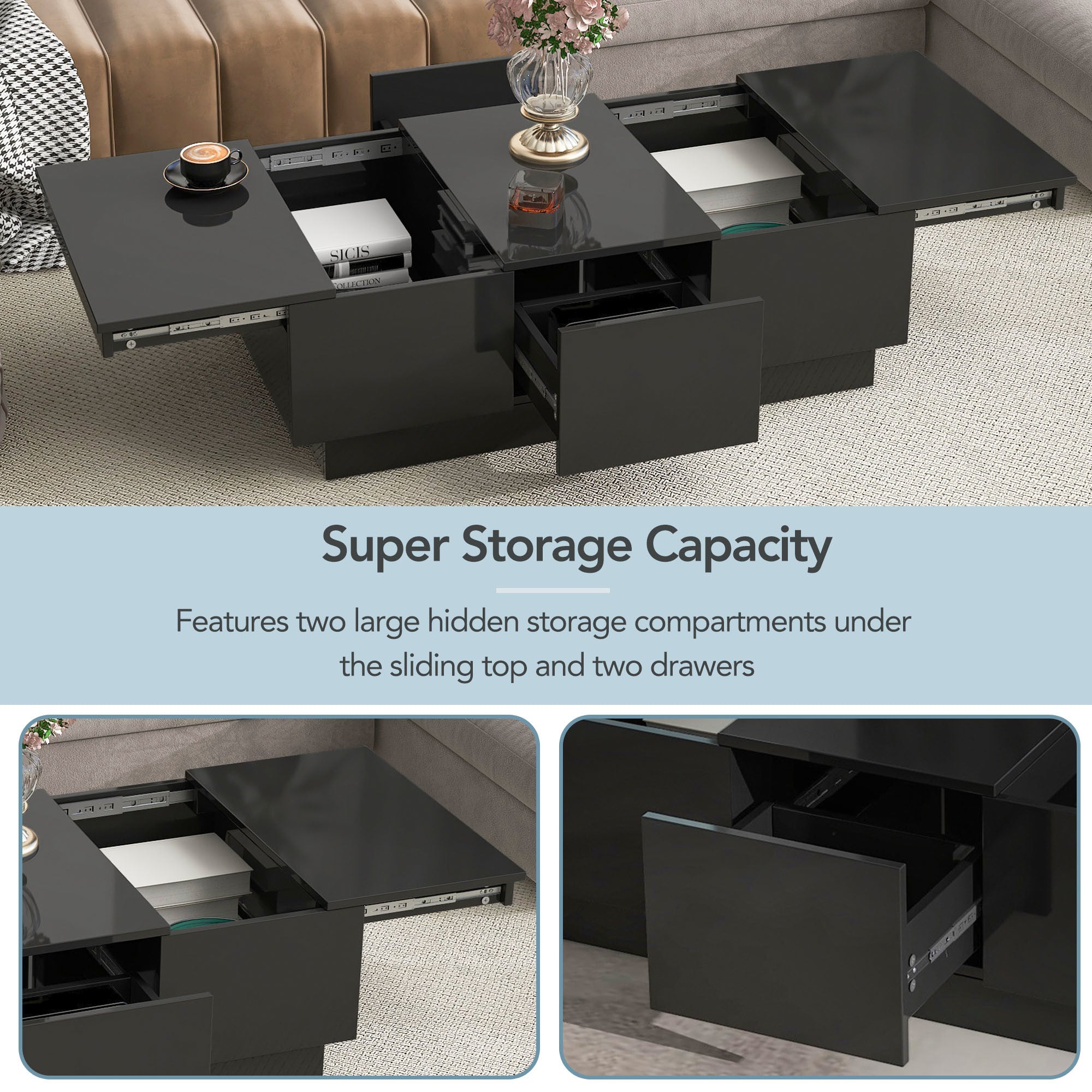 ON-TREND Multifunctional Coffee Table with 2 large Hidden Storage Compartment, Extendable Cocktail Table with 2 Drawers, High-gloss Center Table with 