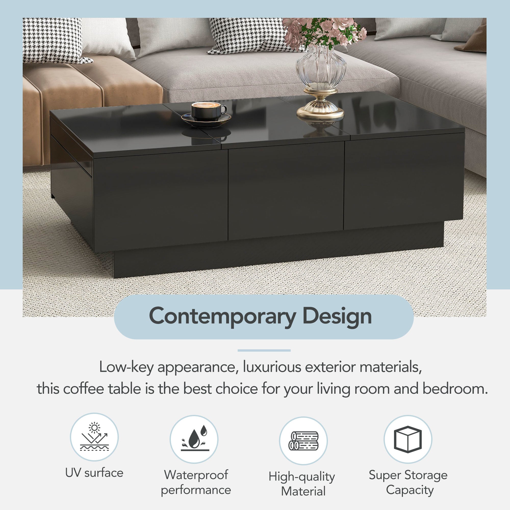 ON-TREND Multifunctional Coffee Table with 2 large Hidden Storage Compartment, Extendable Cocktail Table with 2 Drawers, High-gloss Center Table with 