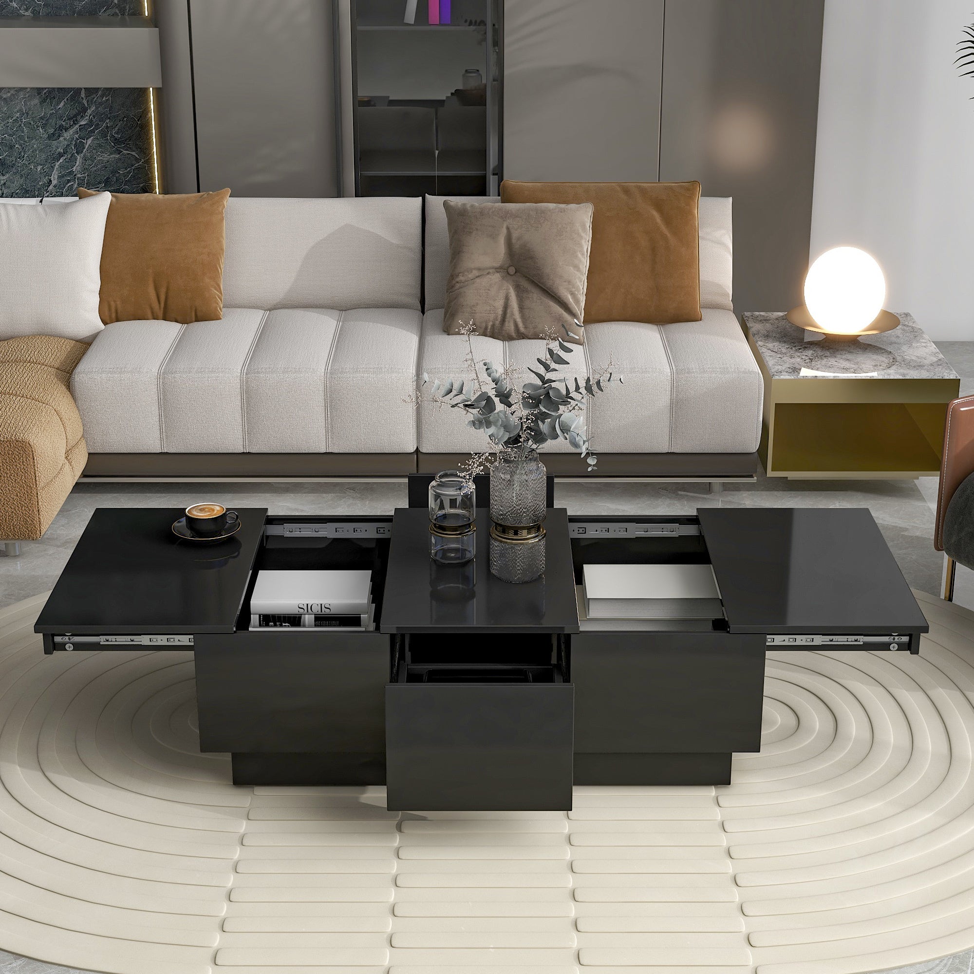 ON-TREND Multifunctional Coffee Table with 2 large Hidden Storage Compartment, Extendable Cocktail Table with 2 Drawers, High-gloss Center Table with 