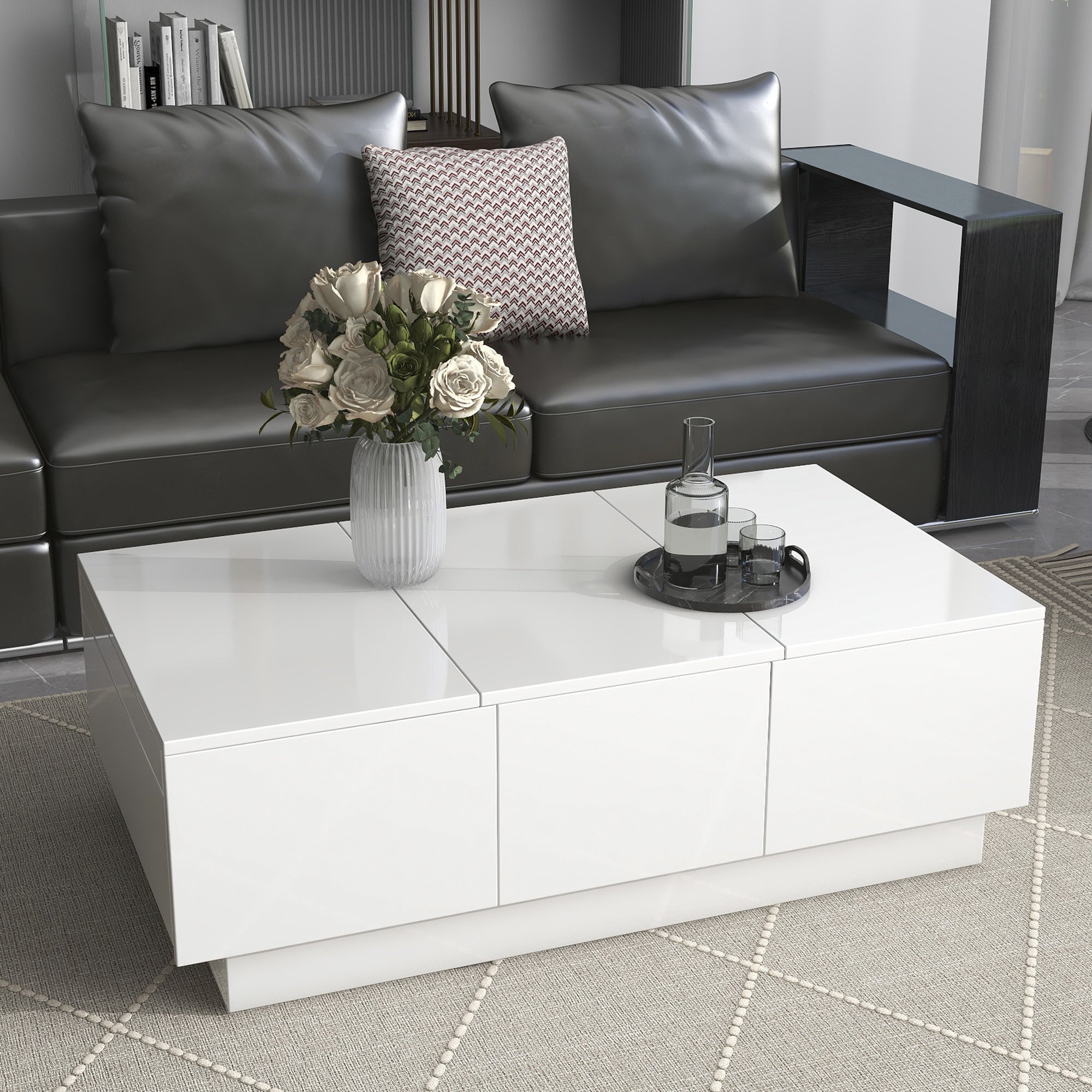 ON-TREND Multifunctional Coffee Table with 2 large Hidden Storage Compartment, Extendable Cocktail Table with 2 Drawers, High-gloss Center Table with 