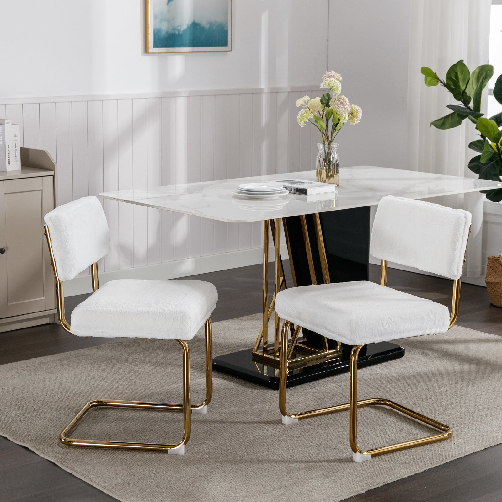 A&A Furniture,Modern Dining Chairs with Artificial Rabbit Hair,Gold Metal Base, Accent Armless Kitchen Chairs with Channel Tufting, Upholstered Fake Fur Fabric Side Chairs, Set of 2, White