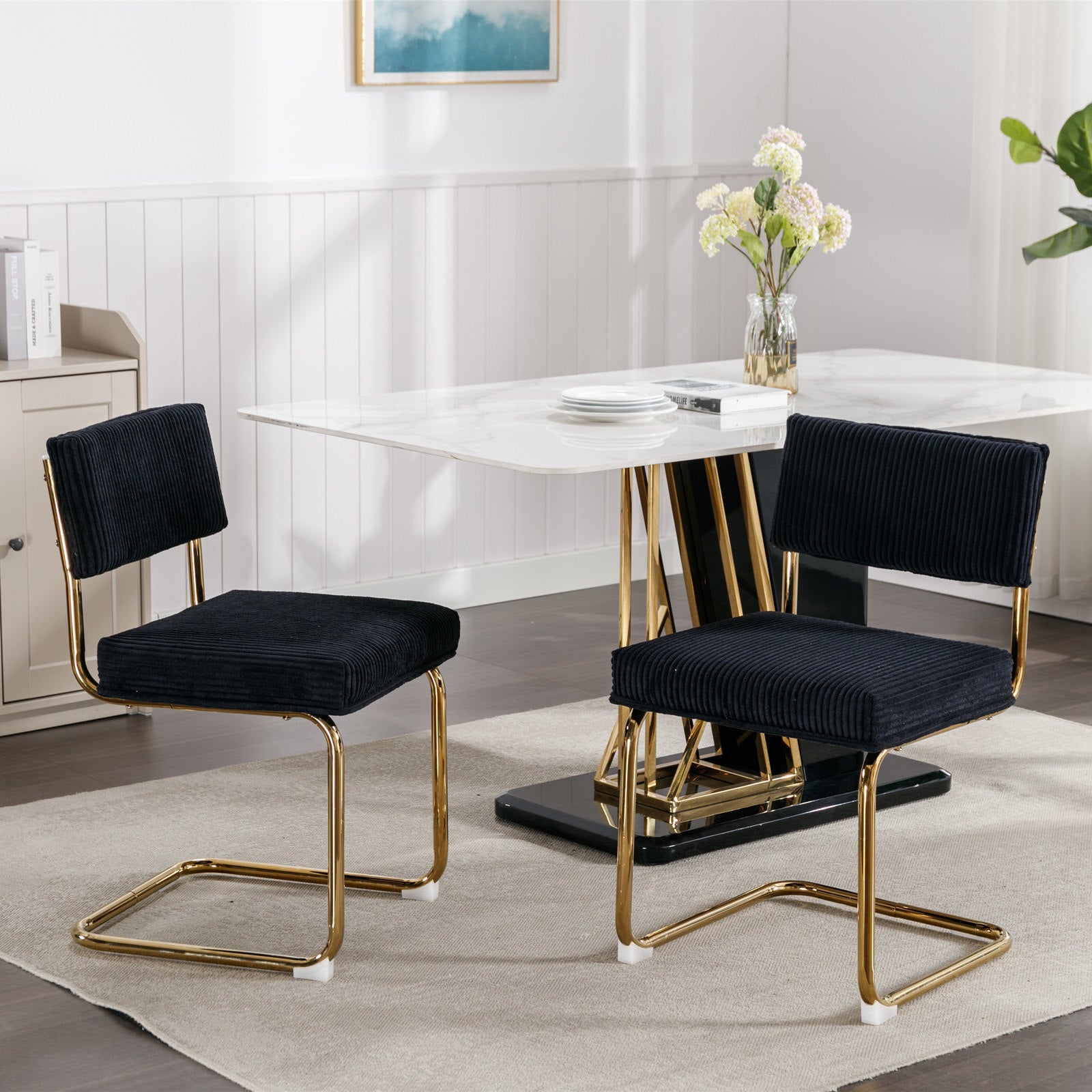 A&A Furniture,Modern Dining Chairs with Corduroy Fabric,Gold Metal Base, Accent Armless Kitchen Chairs with Channel Tufting, Side Chairs, Set of 2, Black