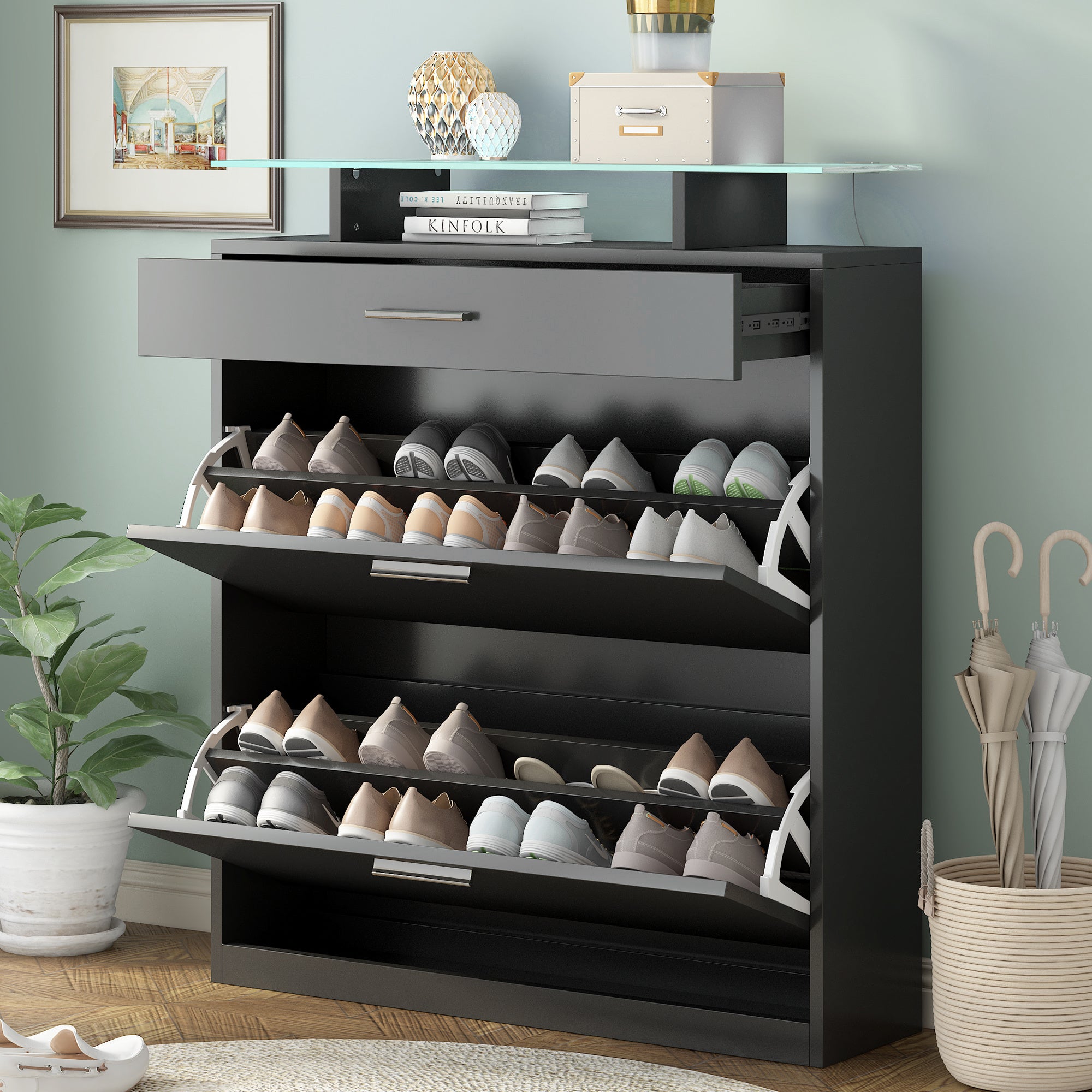 [VIDEO provided] ON-TREND Slim Entryway Organizer with 2 Flip Drawers, Tempered Glass Top Shoe Storage Cabinet with Drawer, Free Standing Shoe Rack with LED Light for Hallway, Black