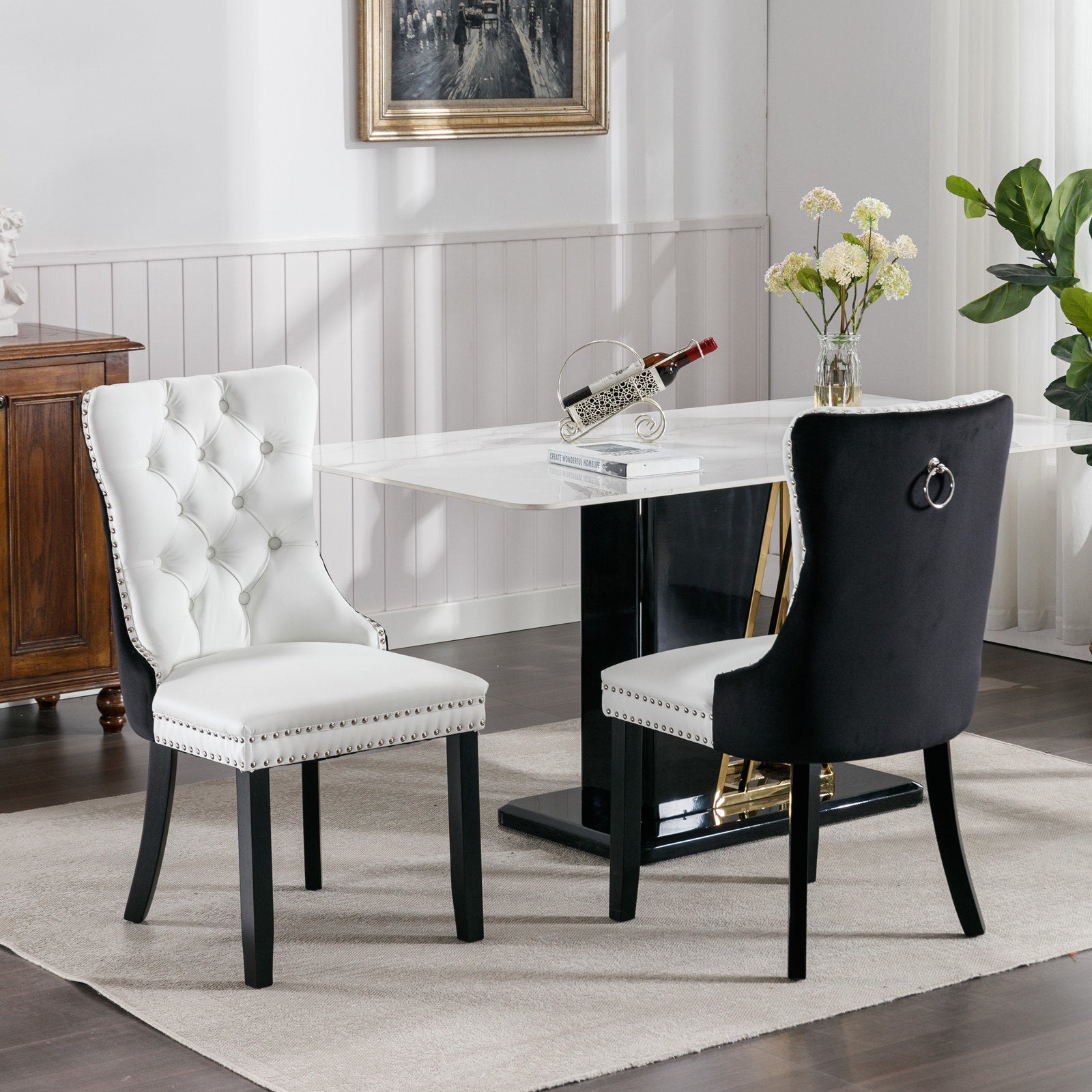 A&A Furniture,Nikki Collection Modern, High-end Tufted Solid Wood Contemporary PU and Velvet Upholstered Dining Chair with Wood Legs Nailhead Trim 2-Pcs Set, White+Black, SW2101WB