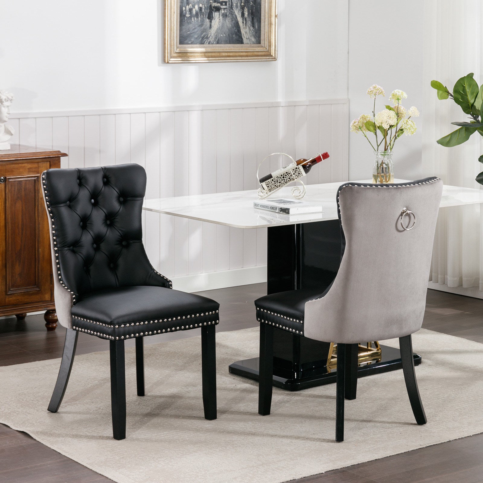 A&A Furniture,Nikki Collection Modern, High-end Tufted Solid Wood Contemporary PU and Velvet Upholstered Dining Chair with Wood Legs Nailhead Trim 2-Pcs Set, Black+Gray, SW2101BG