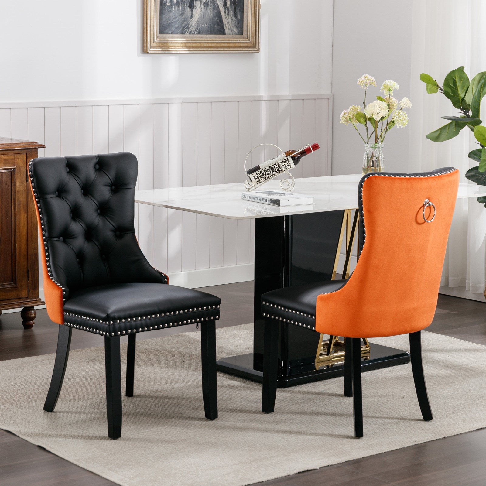 A&A Furniture,Nikki Collection Modern, High-end Tufted Solid Wood Contemporary PU and Velvet Upholstered Dining Chair with Wood Legs Nailhead Trim 2-Pcs Set, Black+Orange, SW2101BO