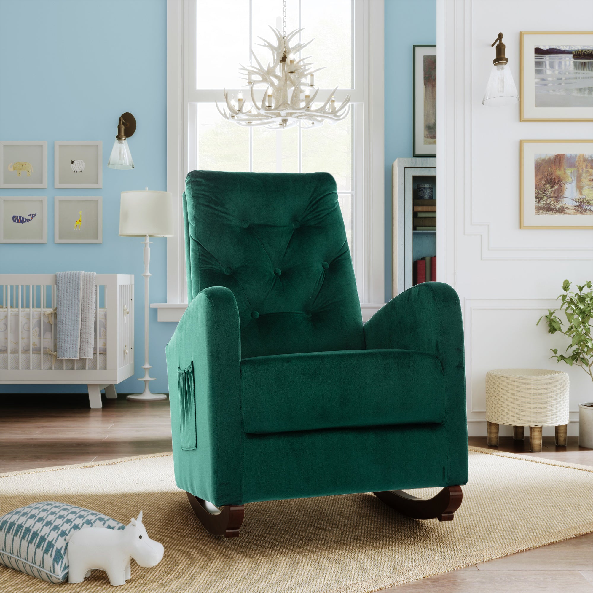 Baby Room High Back Rocking Chair Nursery Chair , Comfortable Rocker Fabric Padded Seat ,Modern High Back Armchair