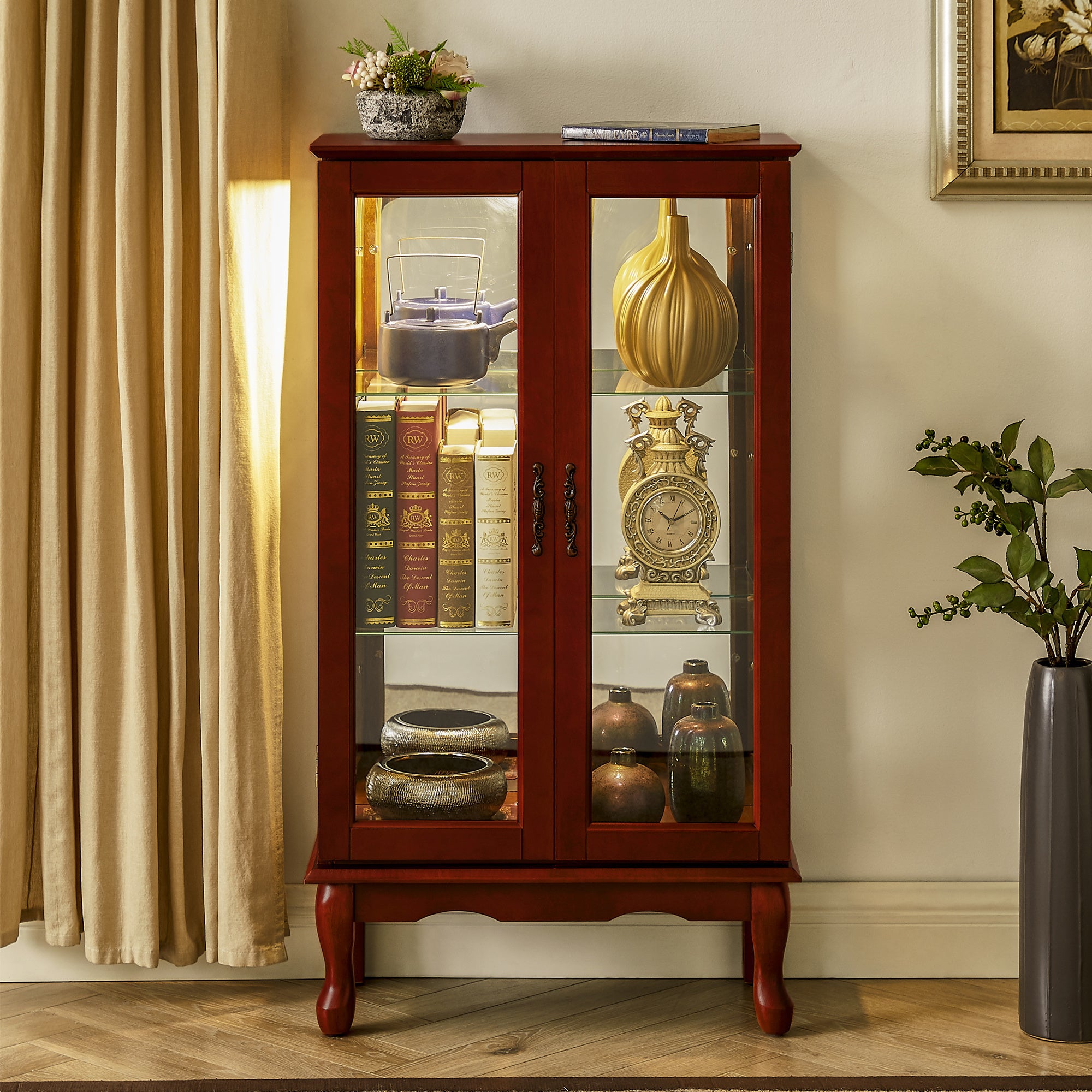 Curio Cabinet Lighted Curio Diapaly Cabinet with Adjustable Shelves and Mirrored Back Panel, Tempered Glass Doors (Cherry, 3 Tier), (E26 light bulb not included)